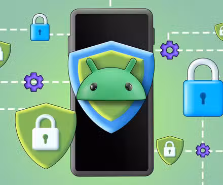 Απεικόνιση ενός smartphone με το λογότυπο Android σε μια ασπίδα και εικονίδια απορρήτου γύρω του.