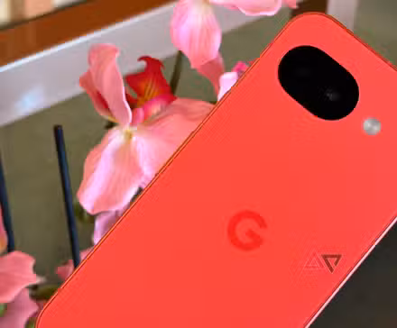 Google Pixel 10a σε Berry δίπλα σε ροζ λουλούδια