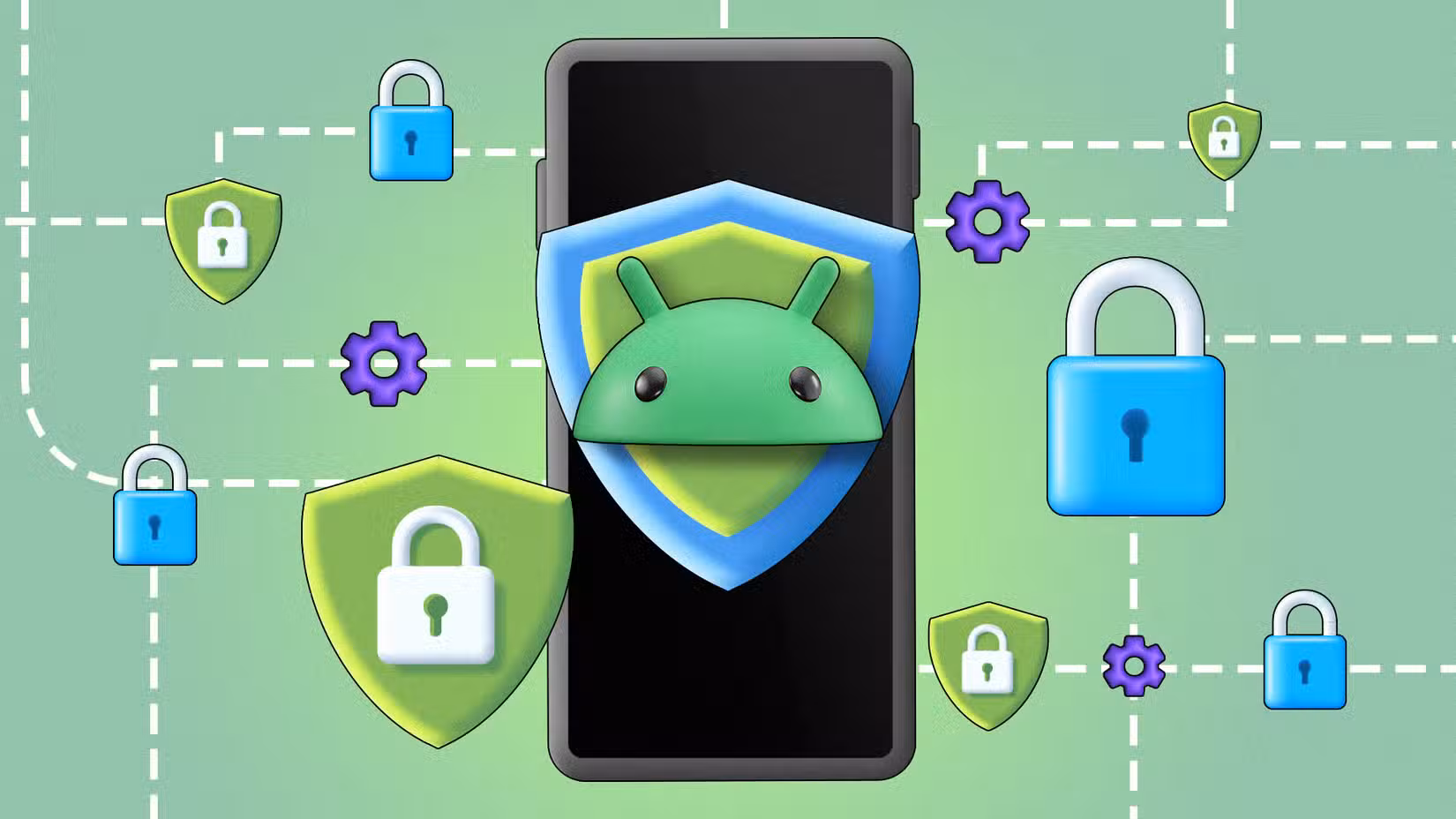 Απεικόνιση ενός smartphone με το λογότυπο Android σε μια ασπίδα και εικονίδια απορρήτου γύρω του.
