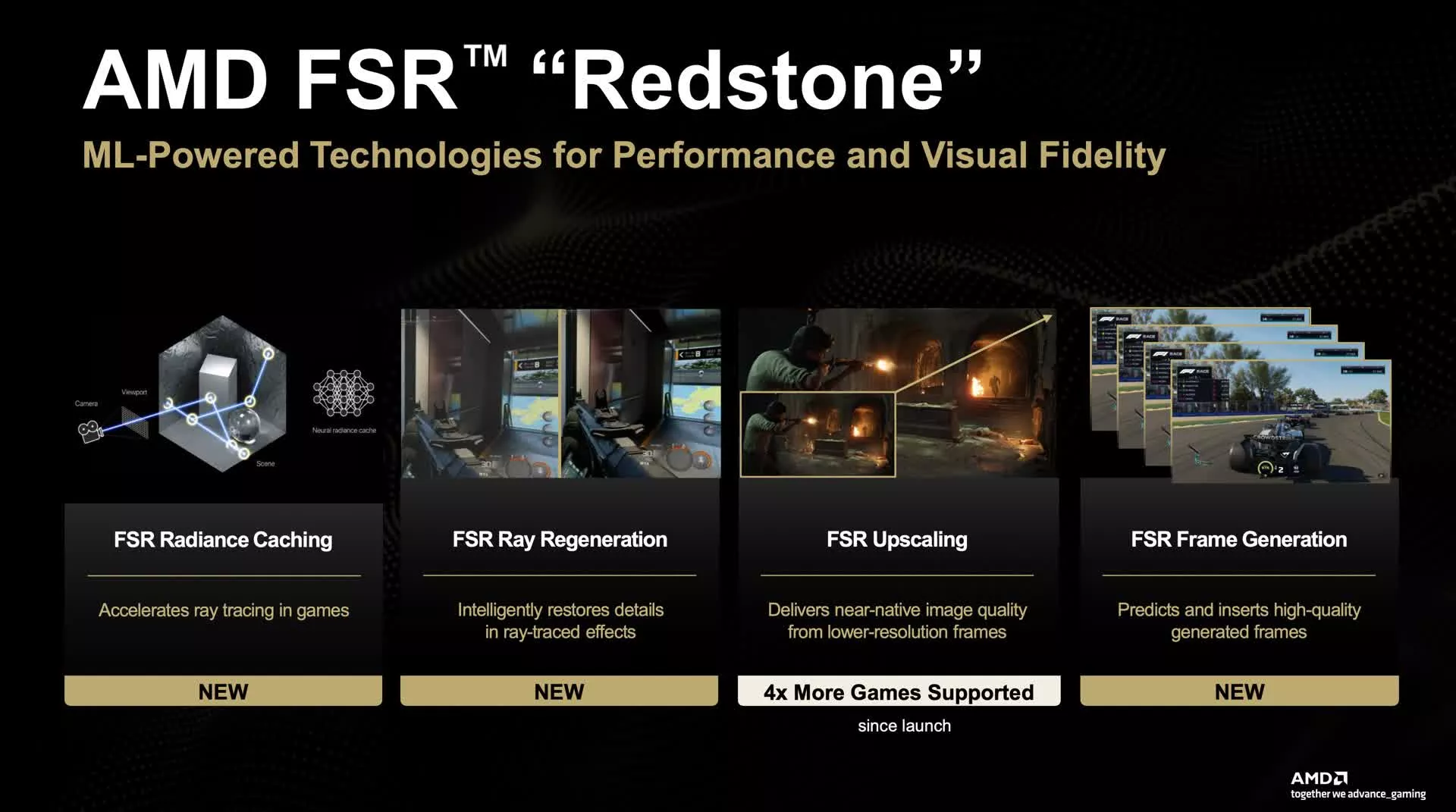 A presentation slide for 'AMD FSR Redstone' showcases ML-powered technologies including FSR Radiance Caching, Ray Regeneration, Upscaling with '4x More Games Supported', and Frame Generation.