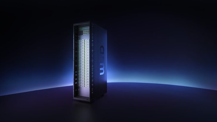 Ένα rack διακομιστή με το λογότυπο 'ARM' φωτισμένο σε ένα σκοτεινό, φουτουριστικό περιβάλλον.