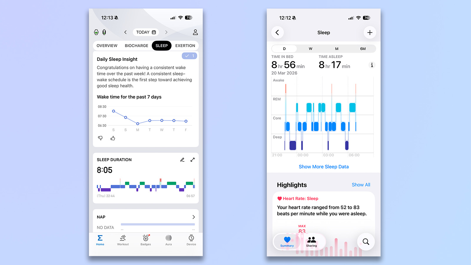 δύο στιγμιότυπα οθόνης, ένα από την εφαρμογή zepp που χρησιμοποιείται με το amazfit active 3 premium, ένα από το apple health με το apple watch se 3, που δείχνει παρακολούθηση ύπνου
