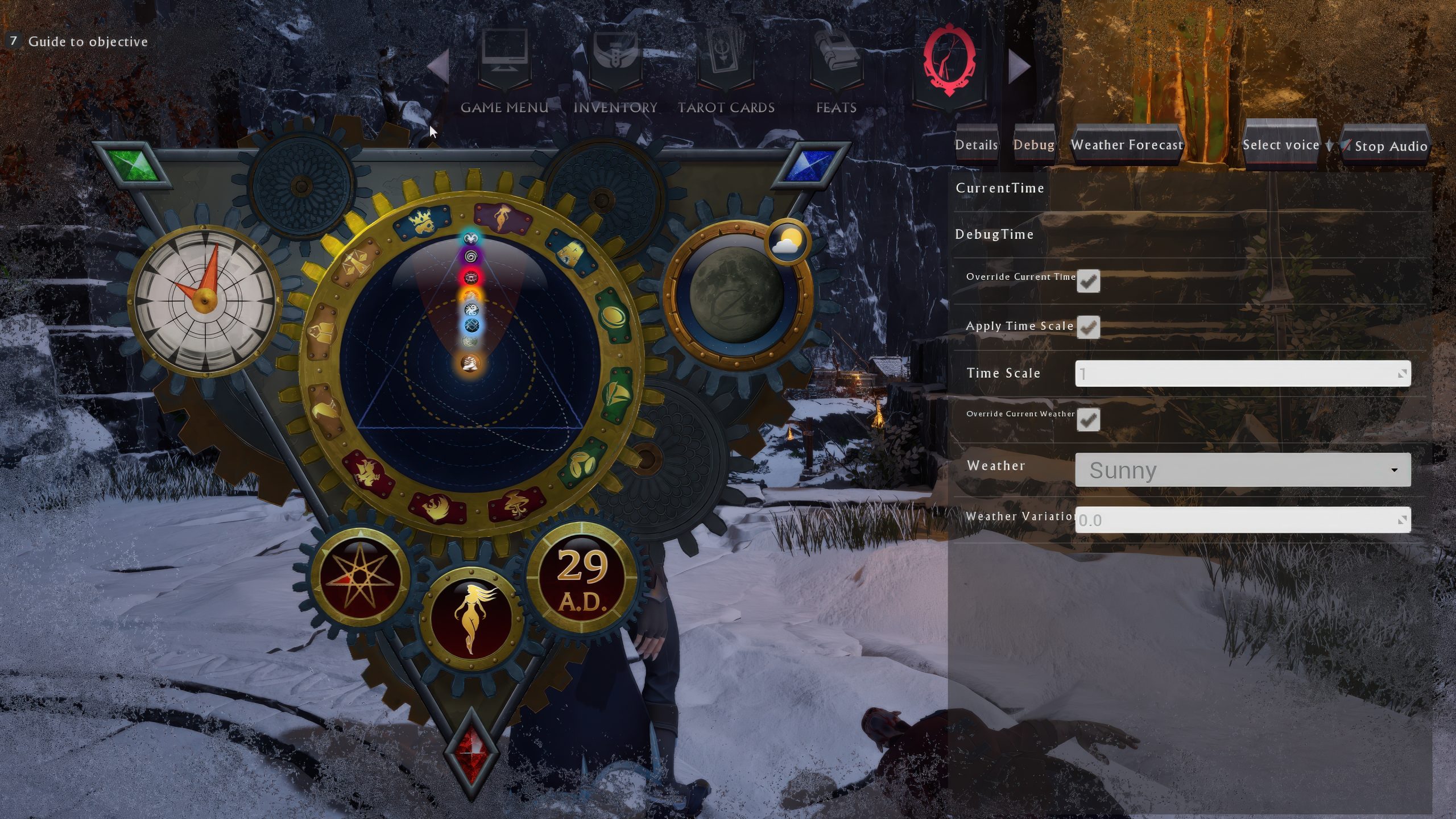 An in-game menu screen from a video game shows a weather customization interface with options including 'Sunny' weather and a central clock-like design displaying '29 A.D.'.