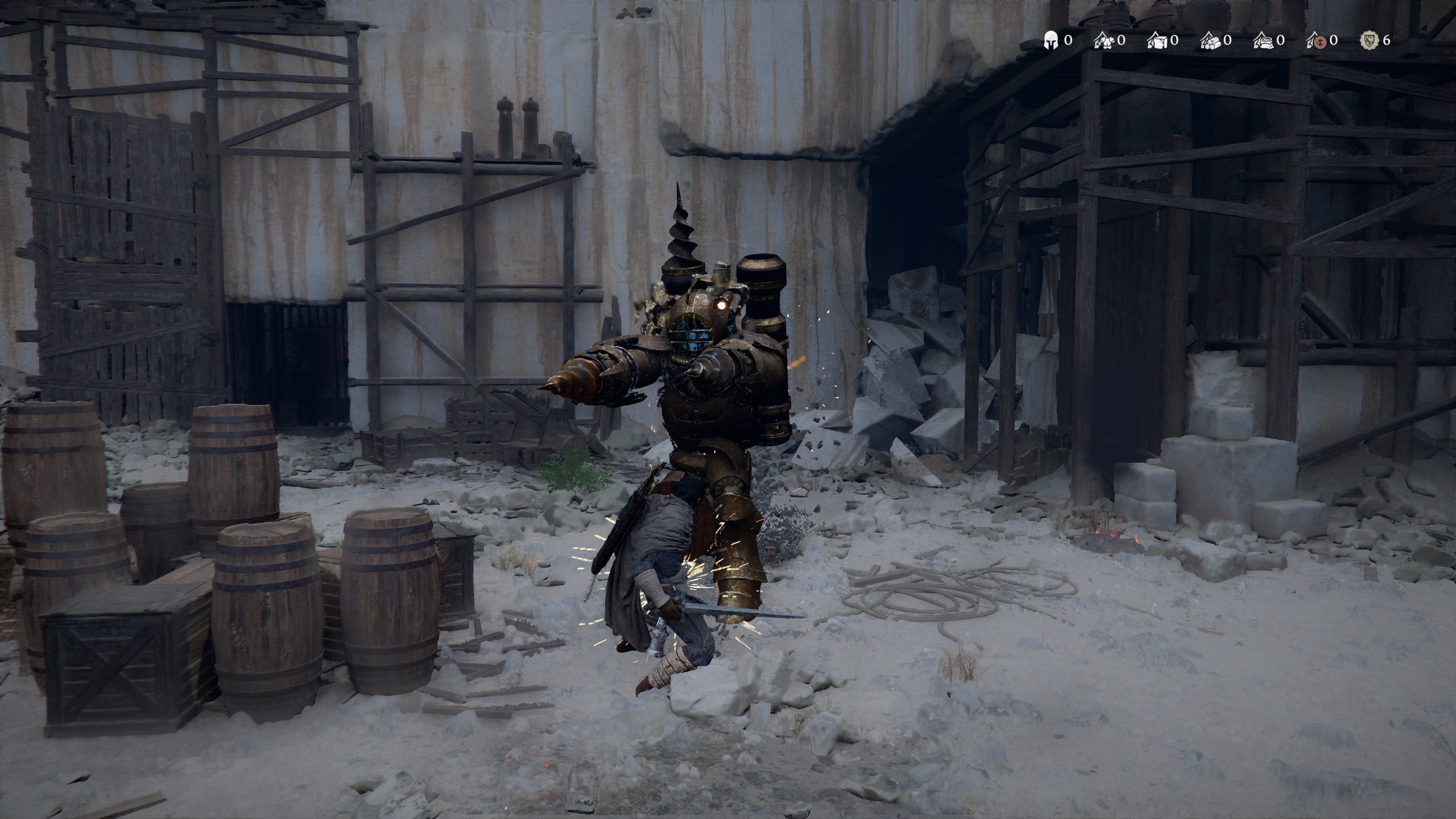 Ένας χαρακτήρας με θωρακισμένη εξωφόρμα με βραχίονα τρυπανιού μάχεται σε ένα ερειπωμένο βιομηχανικό περιβάλλον στην έρημο Crimson, που περιβάλλεται από ξύλινα βαρέλια και κιβώτια, με στοιχεία διεπαφής χρήστη παιχνιδιού που δείχνουν πόρους και στατιστικά στην κορυφή.