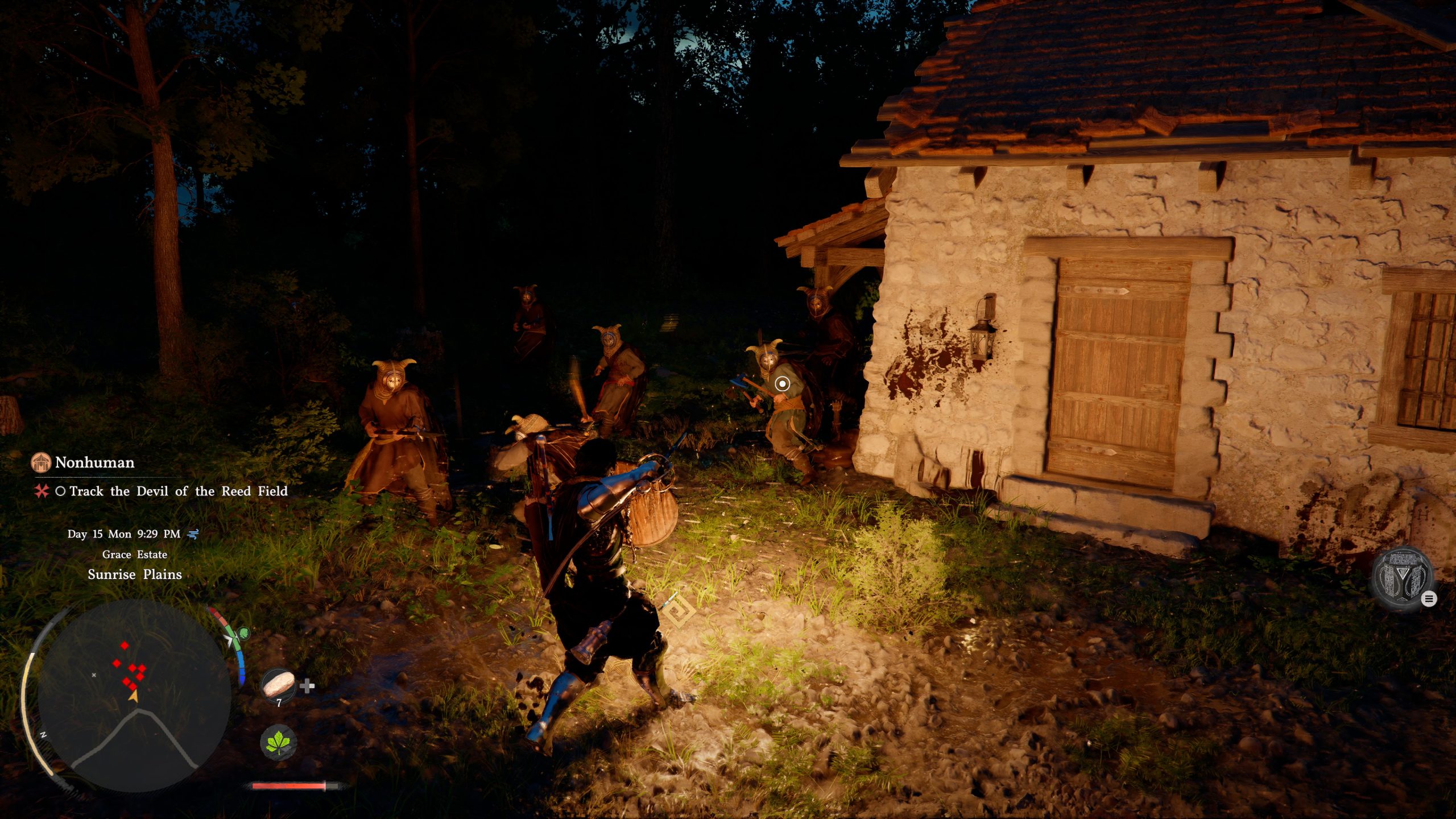 A character in Crimson Desert confronts masked enemies near a stone building at night, with quest text 'Track the Devil of the Reed Field.'