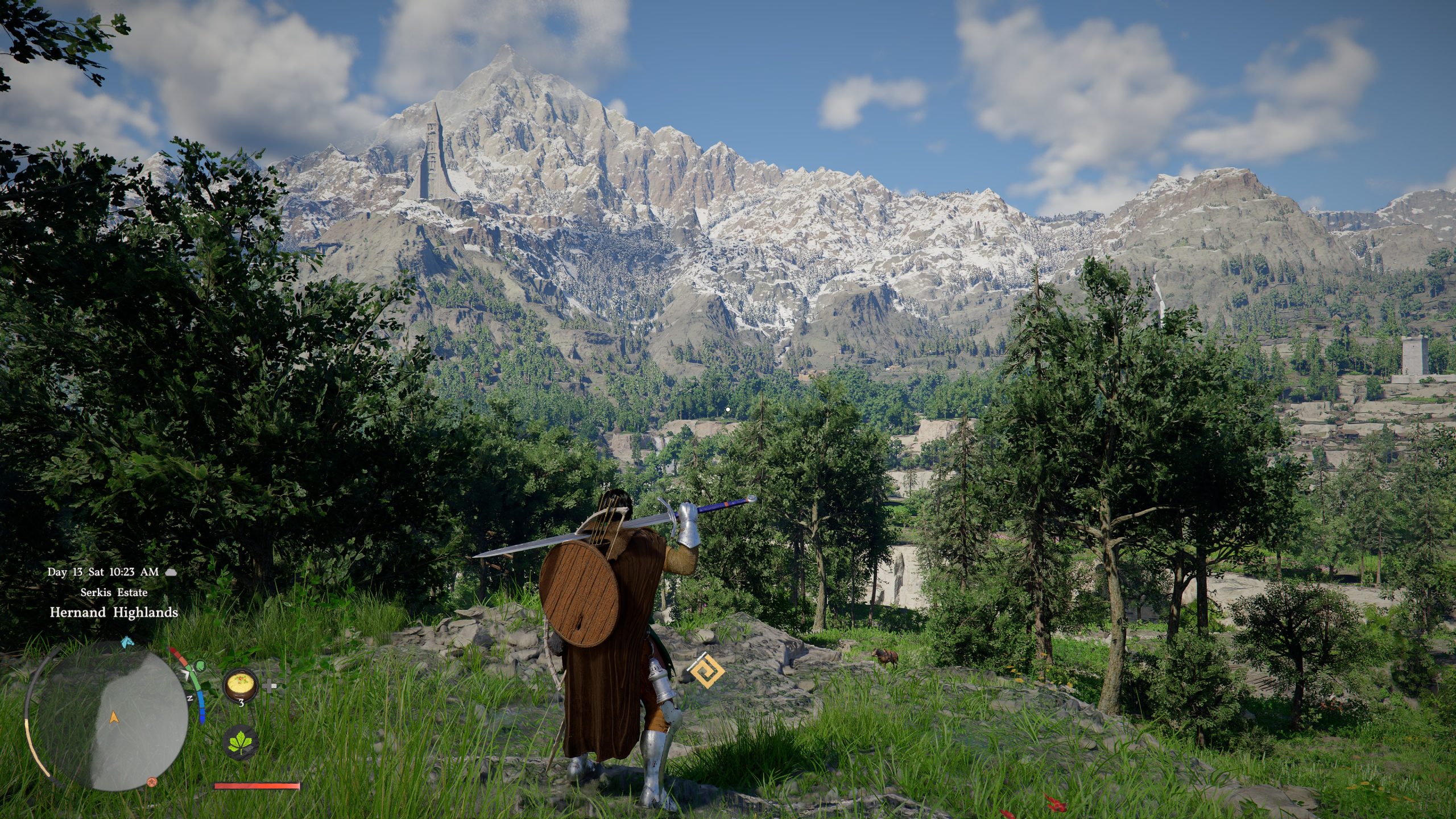 A character in Crimson Desert with armor and a sword explores the Hernand Highlands, with snowy mountains and trees in the background, showing on-screen text 'Day 13 Sat 10:23 AM,' 'Serkis Estate,' and a map interface.