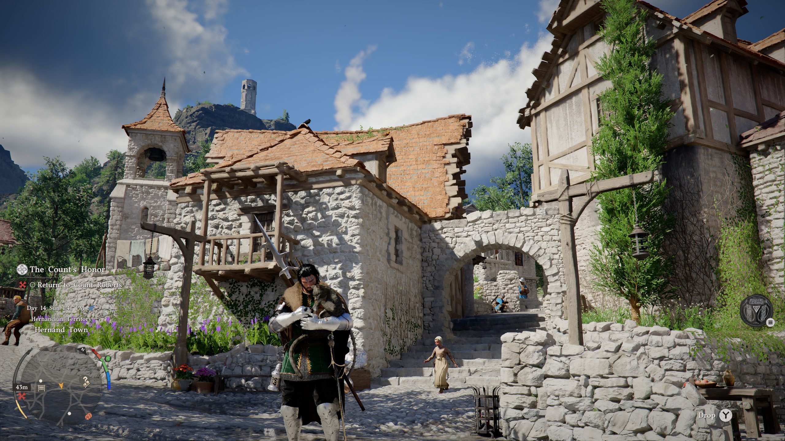 A character in 'The Count's Honor' stands in a medieval village setting with a quest instruction to 'Return to Count Roberts.'