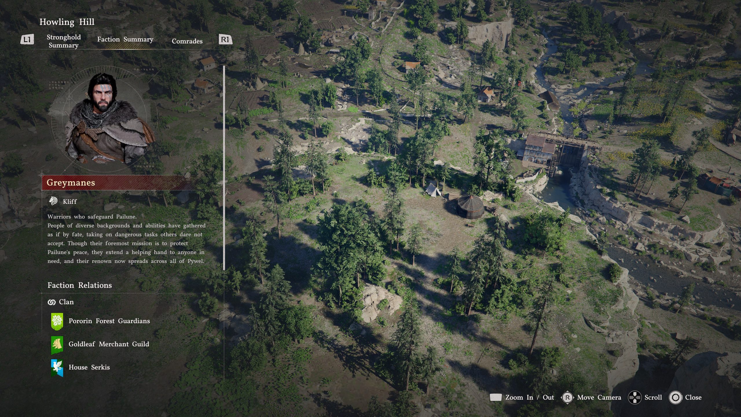 Μια διεπαφή παιχνιδιού από το Crimson Desert δείχνει έναν χαρακτήρα που ονομάζεται Kliff από τη φατρία «Greymanes» με περιγραφές των σχέσεων και των ικανοτήτων των φατριών στα αριστερά, ενώ μια επισκόπηση ενός δασωμένου τοπίου είναι ορατή στο βάθος.