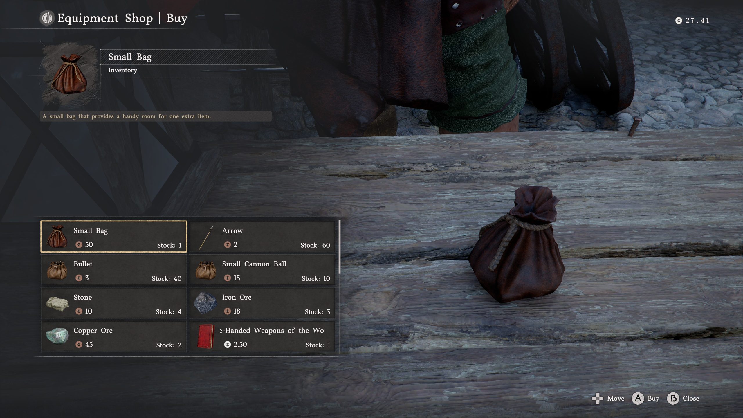 The Crimson Desert interface shows an equipment shop menu with a Small Bag priced at 50 coins, and the player's balance is '27.41'.