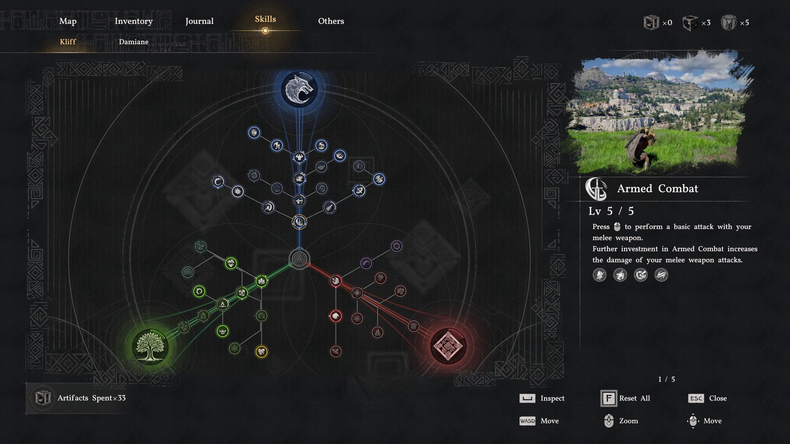 Μια διεπαφή δέντρου δεξιοτήτων από το Crimson Desert εμφανίζει διάφορους συνδεδεμένους κόμβους, τονίζοντας την ικανότητα «Armed Combat» στο «Lv 5 / 5», με οδηγίες για να πατήσετε ένα κουμπί για μια βασική επίθεση σώμα με σώμα.