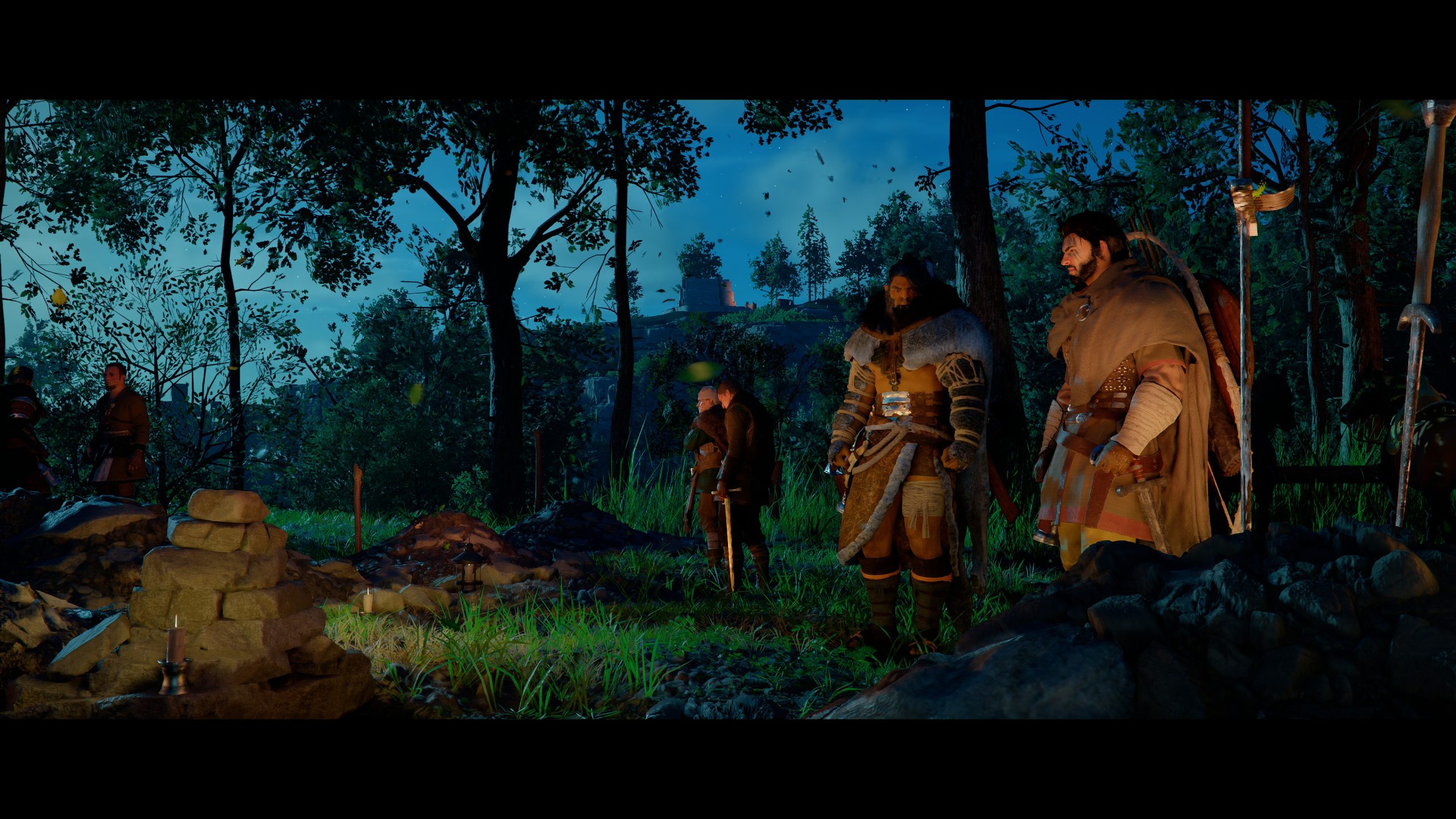 Characters in medieval attire stand in a forest scene from the game Crimson Desert