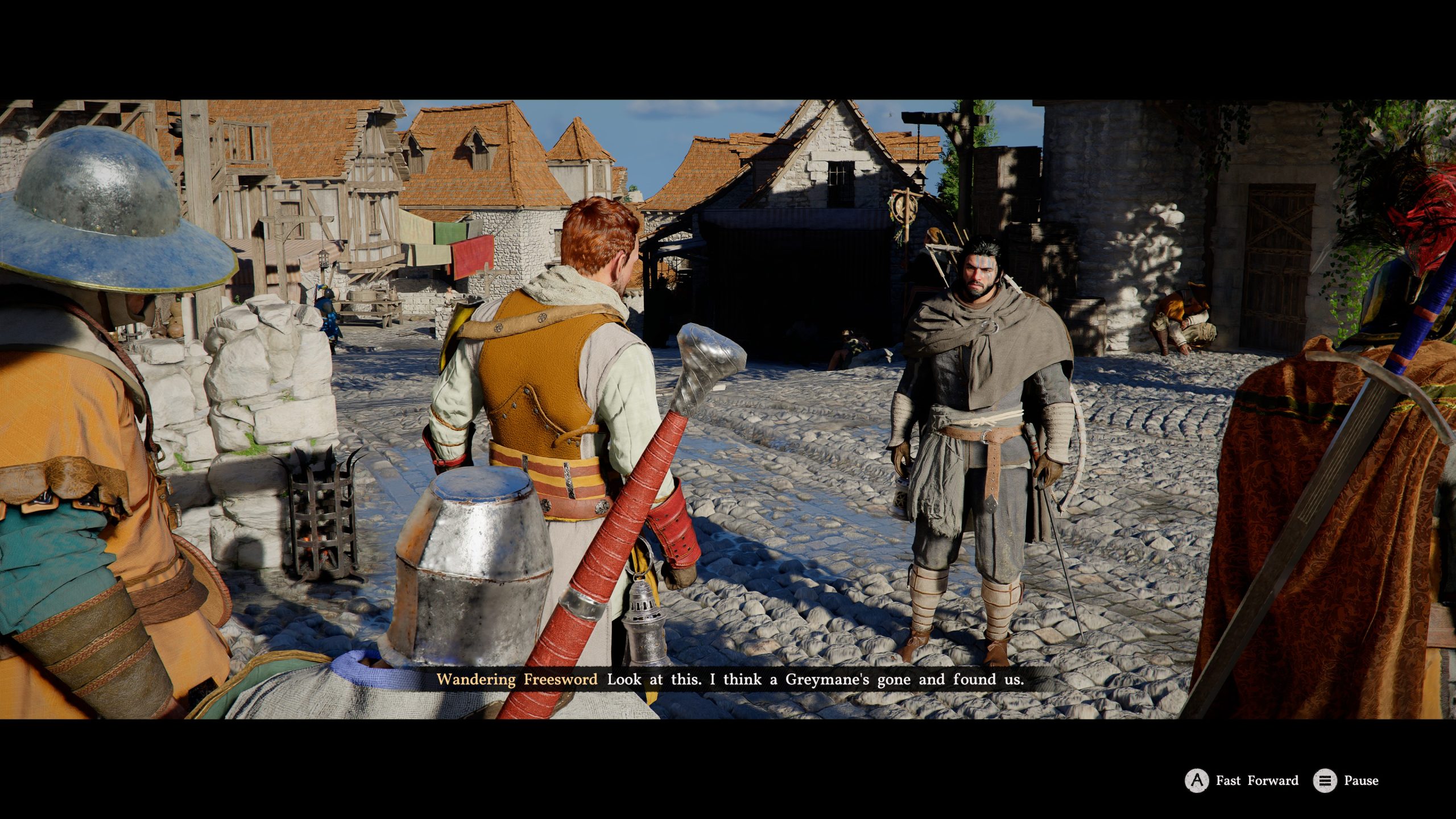 A group of characters in Crimson Desert converses in a cobblestone street with the on-screen text, 'Wandering Freesword Look at this. I think a Greymane's gone and found us.'