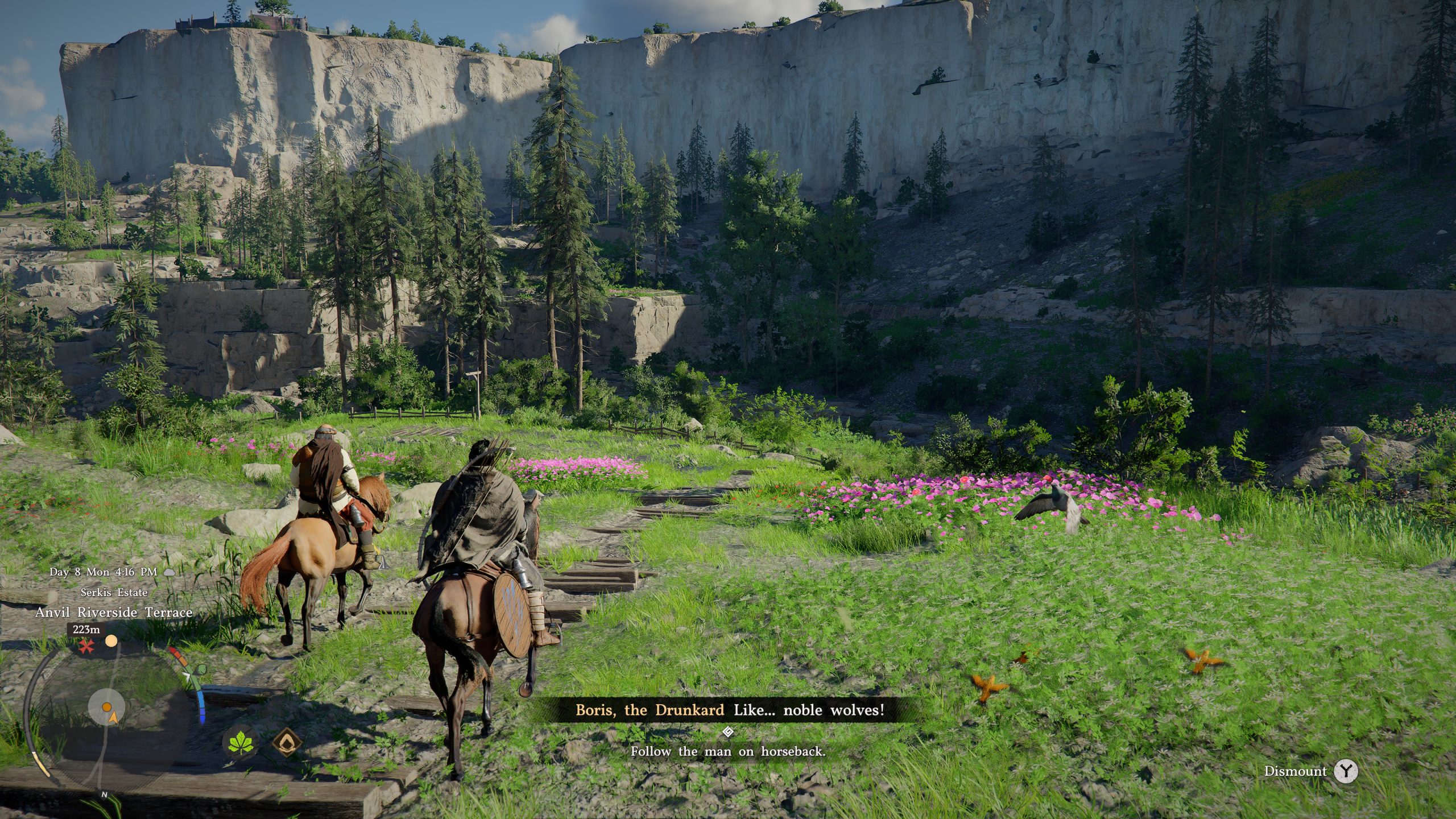 Two characters on horseback traverse a lush, mountainous landscape in the game Crimson Desert with on-screen text reading 'Boris, the Drunkard Like... noble wolves!' and 'Follow the man on horseback.'