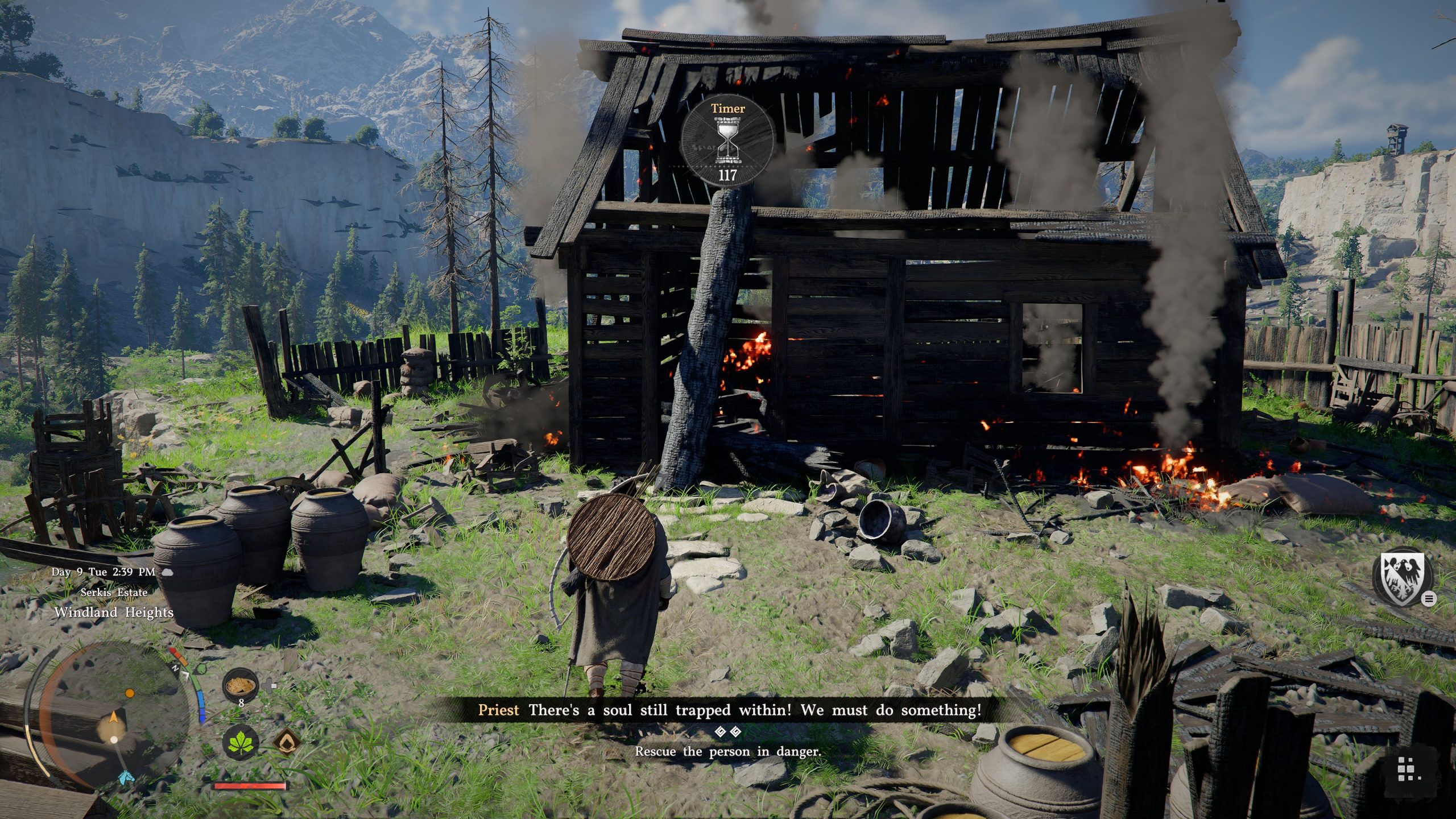 A character in Crimson Desert approaches a burning building with an on-screen timer displaying '117 seconds' and a directive to 'Rescue the person in danger.'