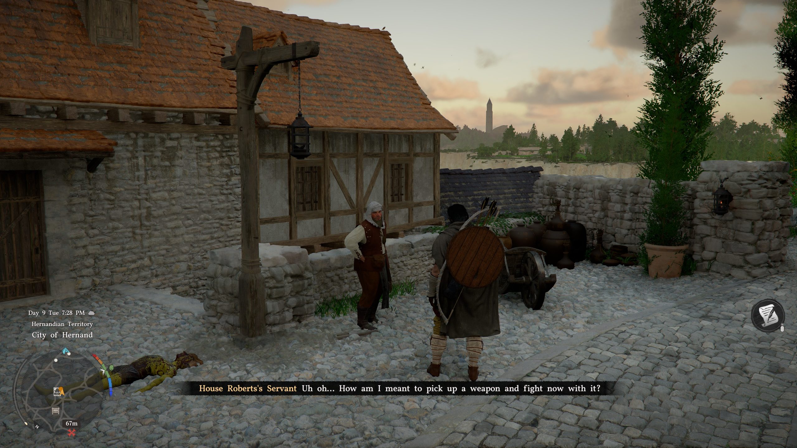 A medieval village scene from Crimson Desert shows a character labeled 'House Roberts's Servant' saying, Uh oh... How am I meant to pick up a weapon and fight now with it? in the 'City of Hernand.'