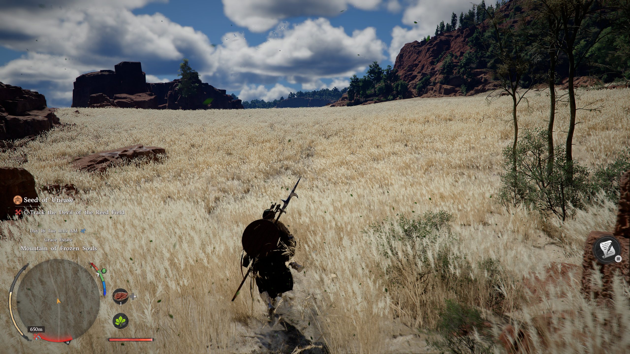 Ένας χαρακτήρας στο παιχνίδι Crimson Desert παρακολουθεί το Devil of the Reed Field σε ένα μεγάλο χωράφι με γρασίδι.