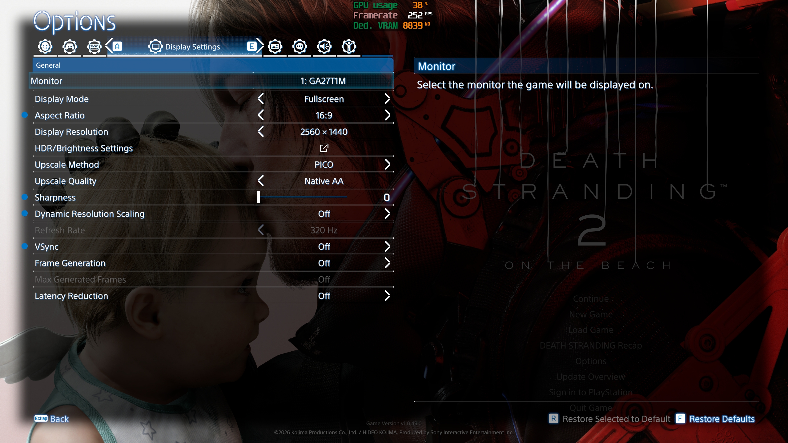 The display settings menu of the game 'Death Stranding 2' shows options like aspect ratio set to 16:9 and display resolution at 2560 x 1440.