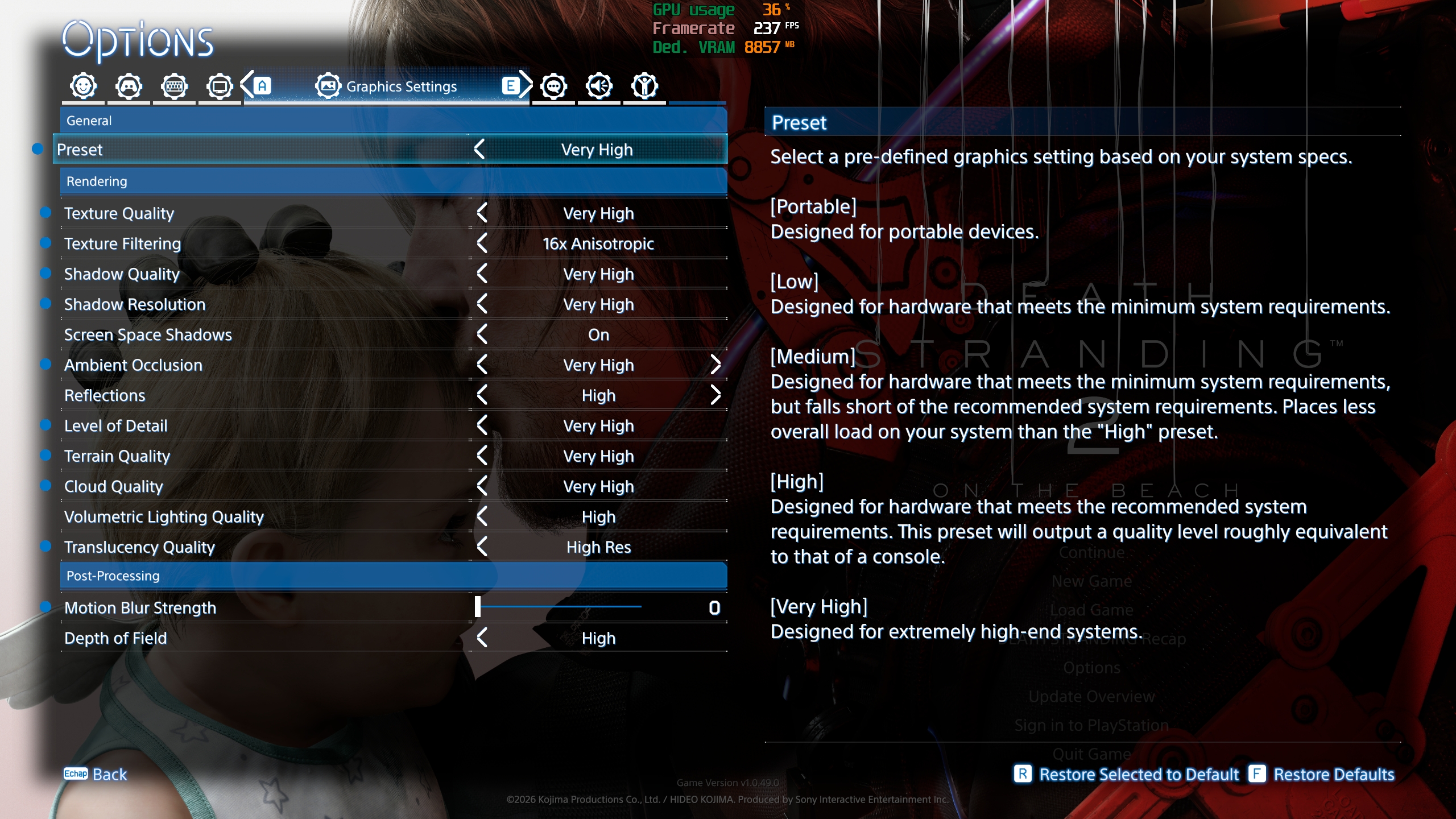 The screen displays 'Options' in the graphics settings of the game 'Death Stranding,' with most parameters set to 'Very High.'