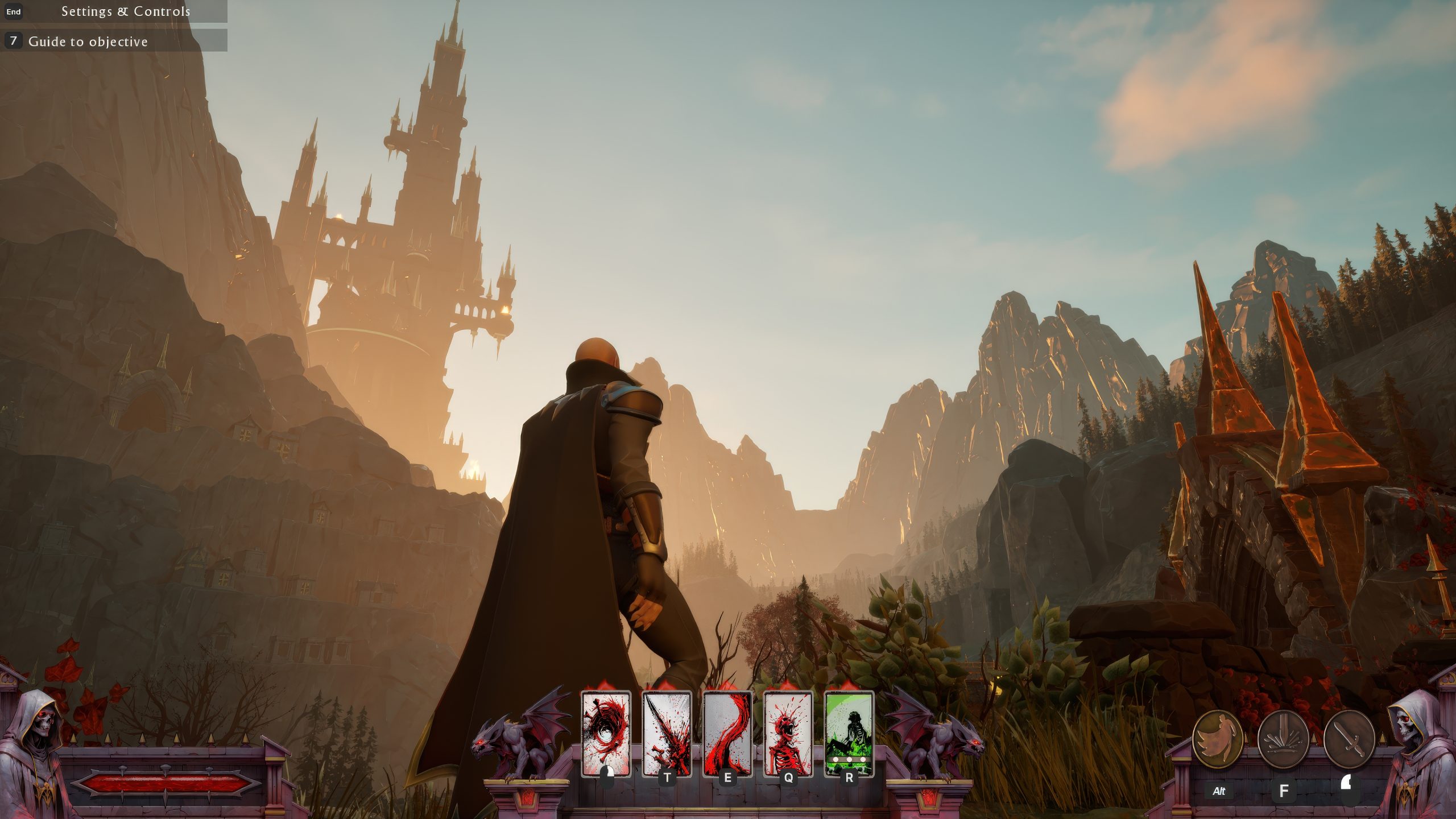 A character in a fantasy game stands looking at a distant castle with on-screen text showing 'Settings & Controls' and 'Guide to objective.'