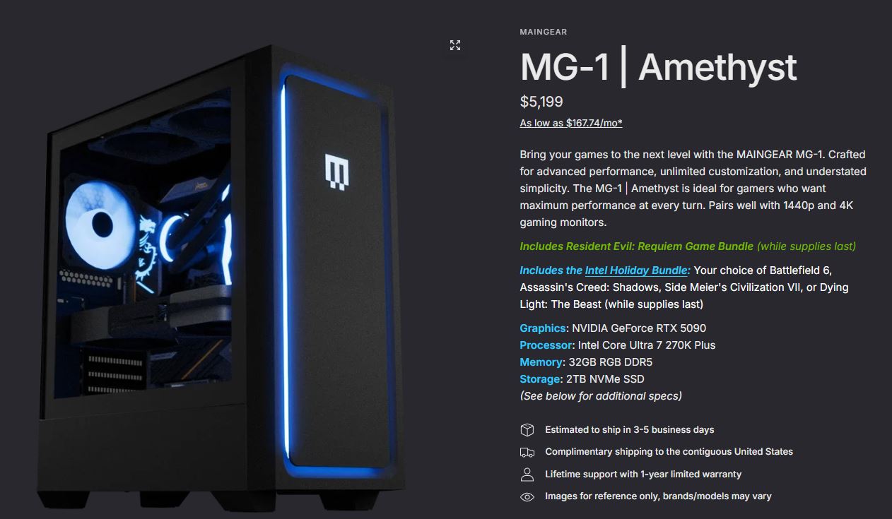 Εμφανίζεται ένας υπολογιστής παιχνιδιών Maingear MG-1 Amethyst με γραφικά NVIDIA GeForce RTX 5090 και επεξεργαστή Intel Core Ultra 7 270K Plus, μαζί με τις τιμές και τις προδιαγραφές.