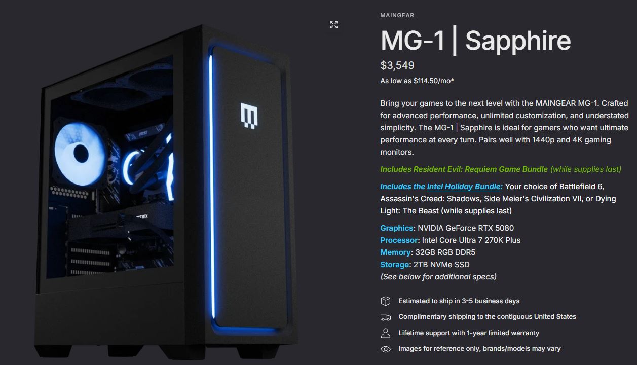 Εμφανίζεται ένας υπολογιστής παιχνιδιών Maingear MG-1 Sapphire με τις προδιαγραφές που αναφέρονται, όπως μια κάρτα γραφικών NVIDIA GeForce RTX 5080, επεξεργαστής Intel Core Ultra 7 270K Plus, μνήμη RGB 32 GB DDR5 και αποθήκευση 2 TB NVMe SSD.