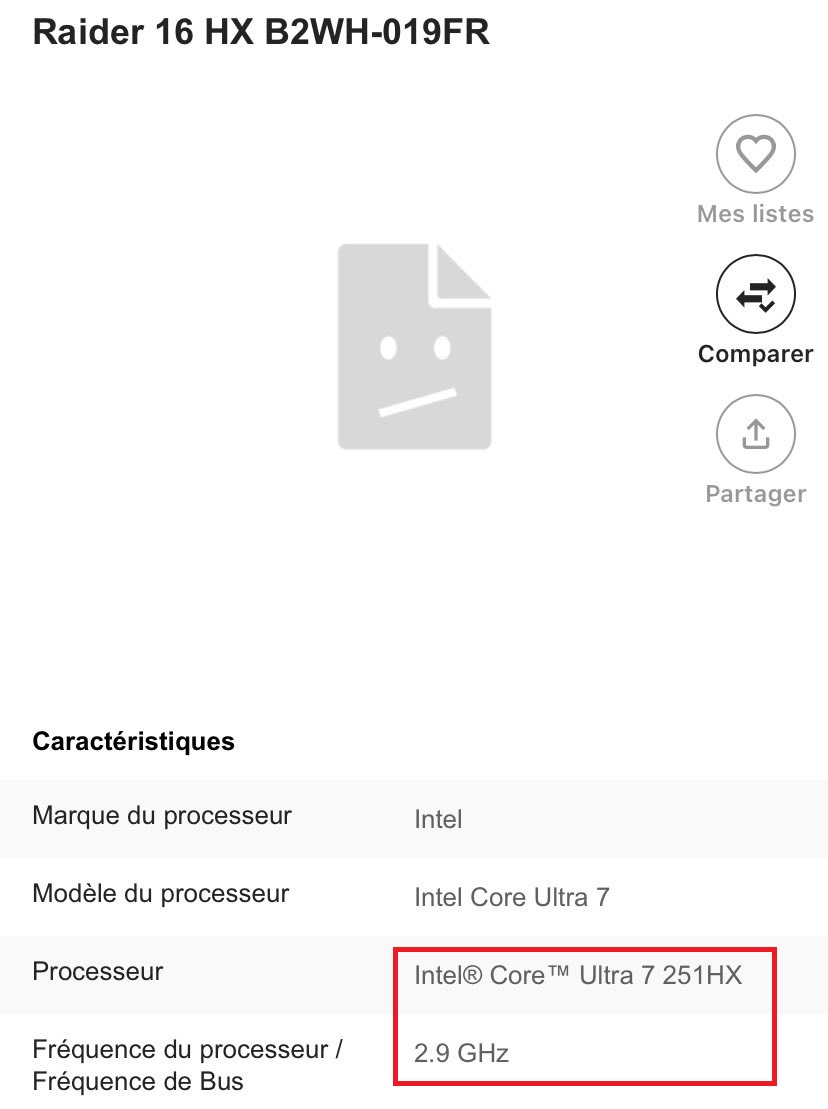 Καταχώριση προϊόντων για το 'Raider 16 HX B2WH-019FR' με επεξεργαστή Intel Core Ultra 7 251HX με συχνότητα 2,9 GHz.