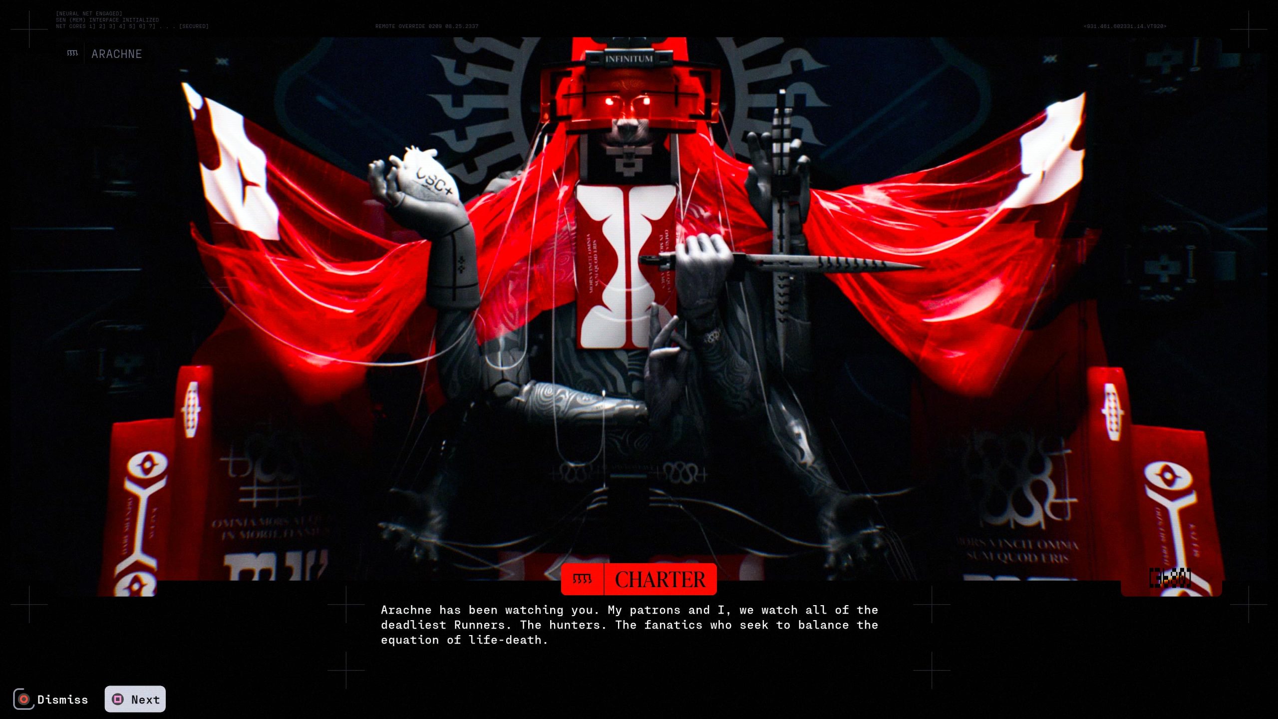 Ένα ψηφιακό έργο τέχνης από τον Μαραθώνα, το Arachne με μια φουτουριστική φιγούρα με κυβερνητικά μπράτσα, κόκκινα λαμπερά στοιχεία και κείμενο στην οθόνη «INFINITUM» και «CHARTER».