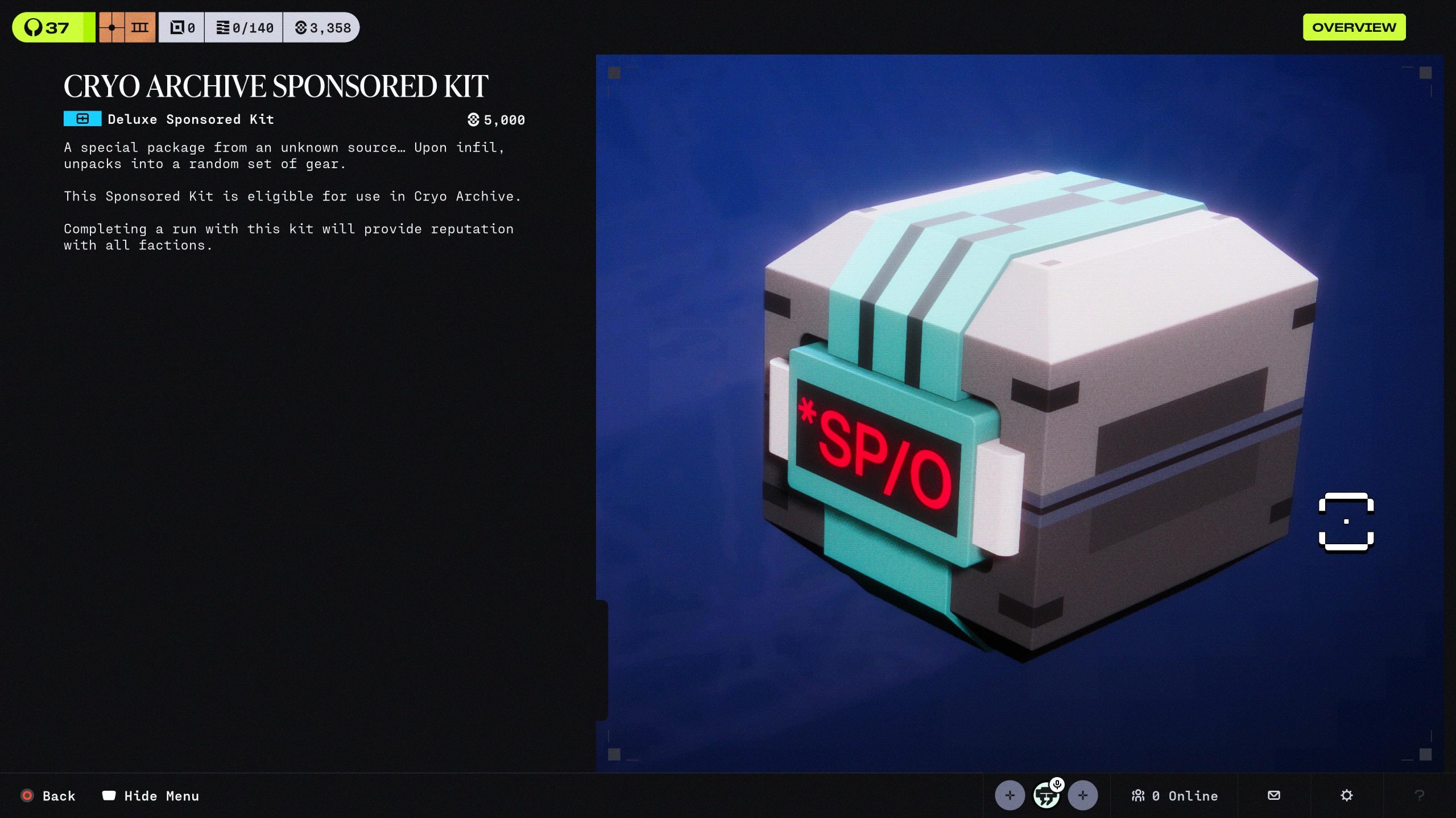 Στην οθόνη εμφανίζεται το 'Cryo Archive Sponsored Kit' με λεπτομέρειες σχετικά με ένα πολυτελές πακέτο που αποσυσκευάζει ένα τυχαίο σύνολο εργαλείων και χαρίζει φήμη στο παιχνίδι.