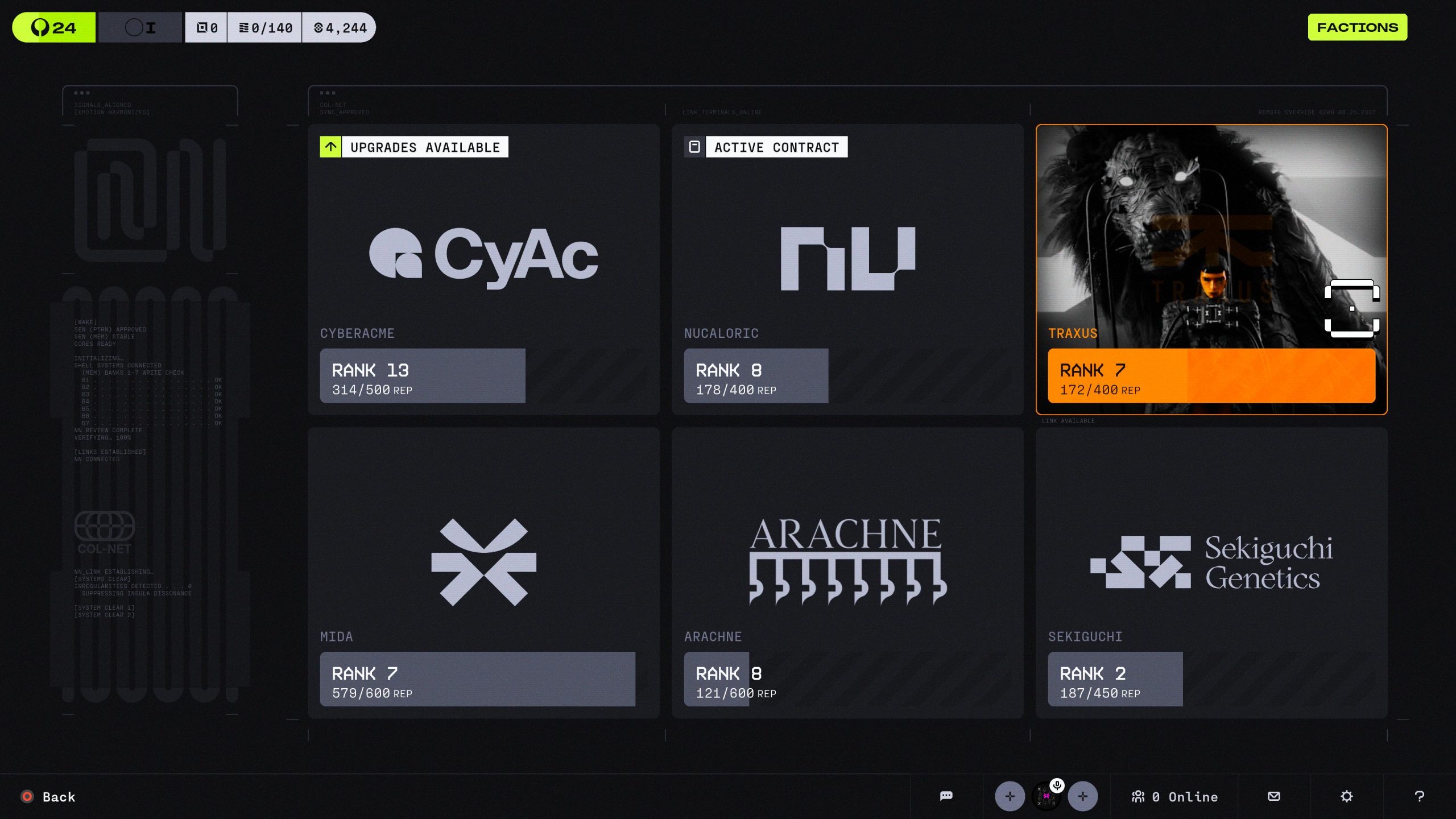 A game interface titled 'FACTIONS' displays detailed stats for various factions including CyAc with 'RANK 13,' Traxus with 'RANK 7,' and others, along with a highlighted character portrait.