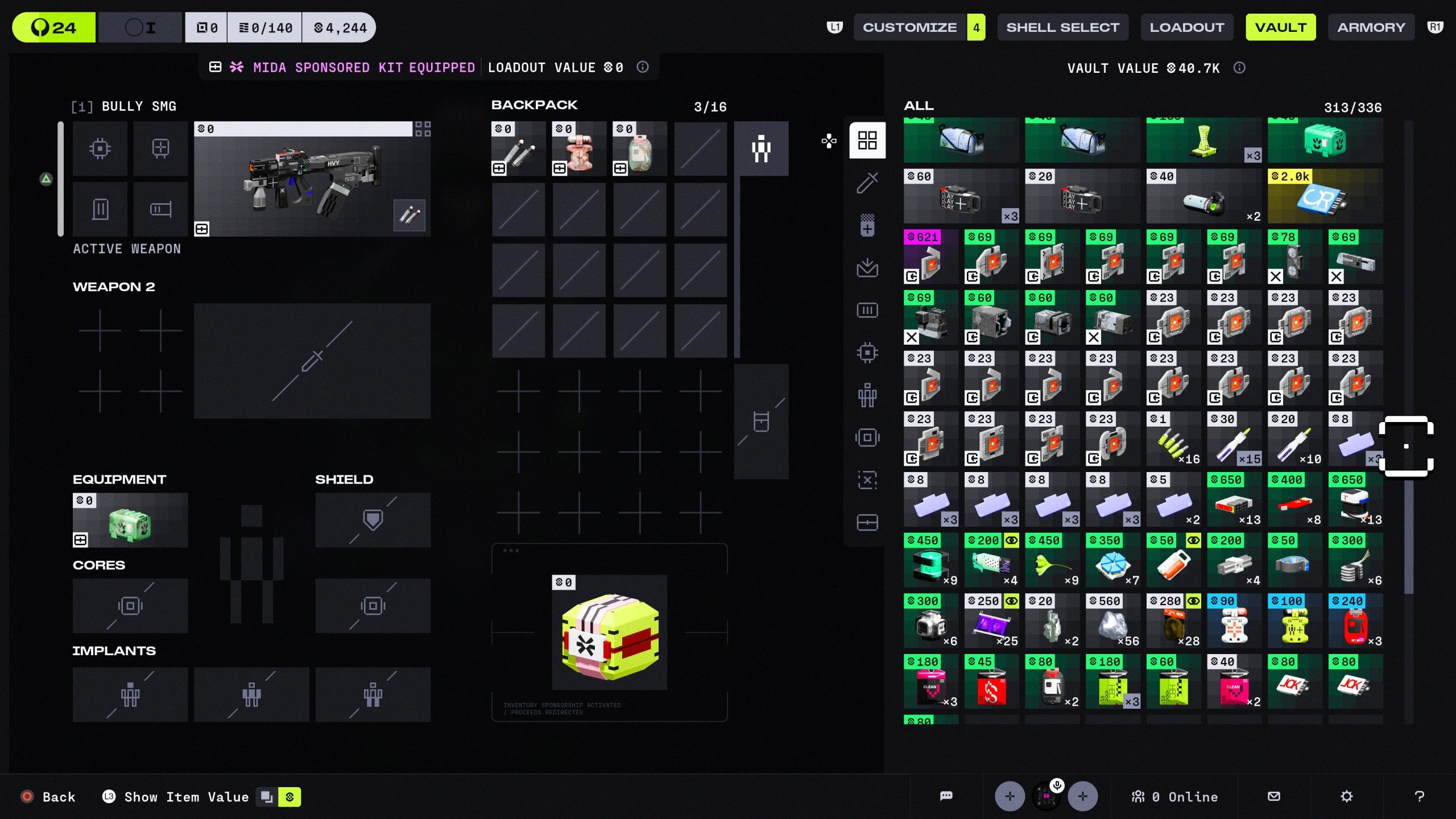 The game interface shows an inventory screen with a 'Bully SMG' as the active weapon, multiple items in the backpack and vault, and text indicating 'MIDA Sponsored Kit Equipped.'