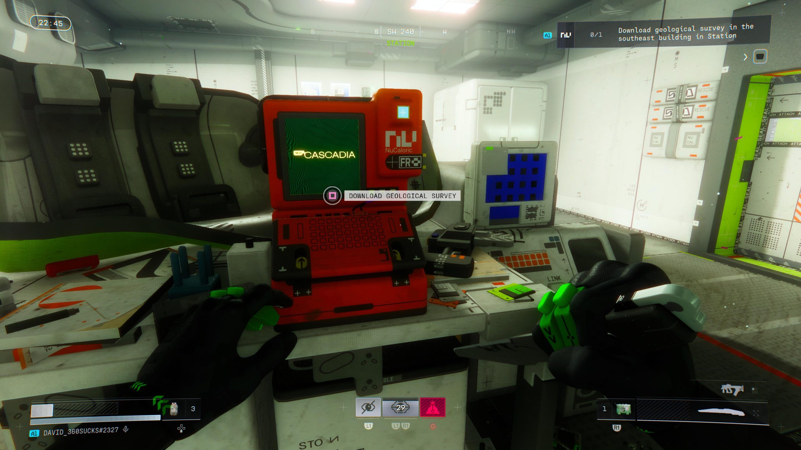 In the game Cyberpunk 2077: Phantom Liberty, a player interacts with a red NuCaloric terminal to 'DOWNLOAD GEOLOGICAL SURVEY' with the interface showing the text 'CASCADIA'.