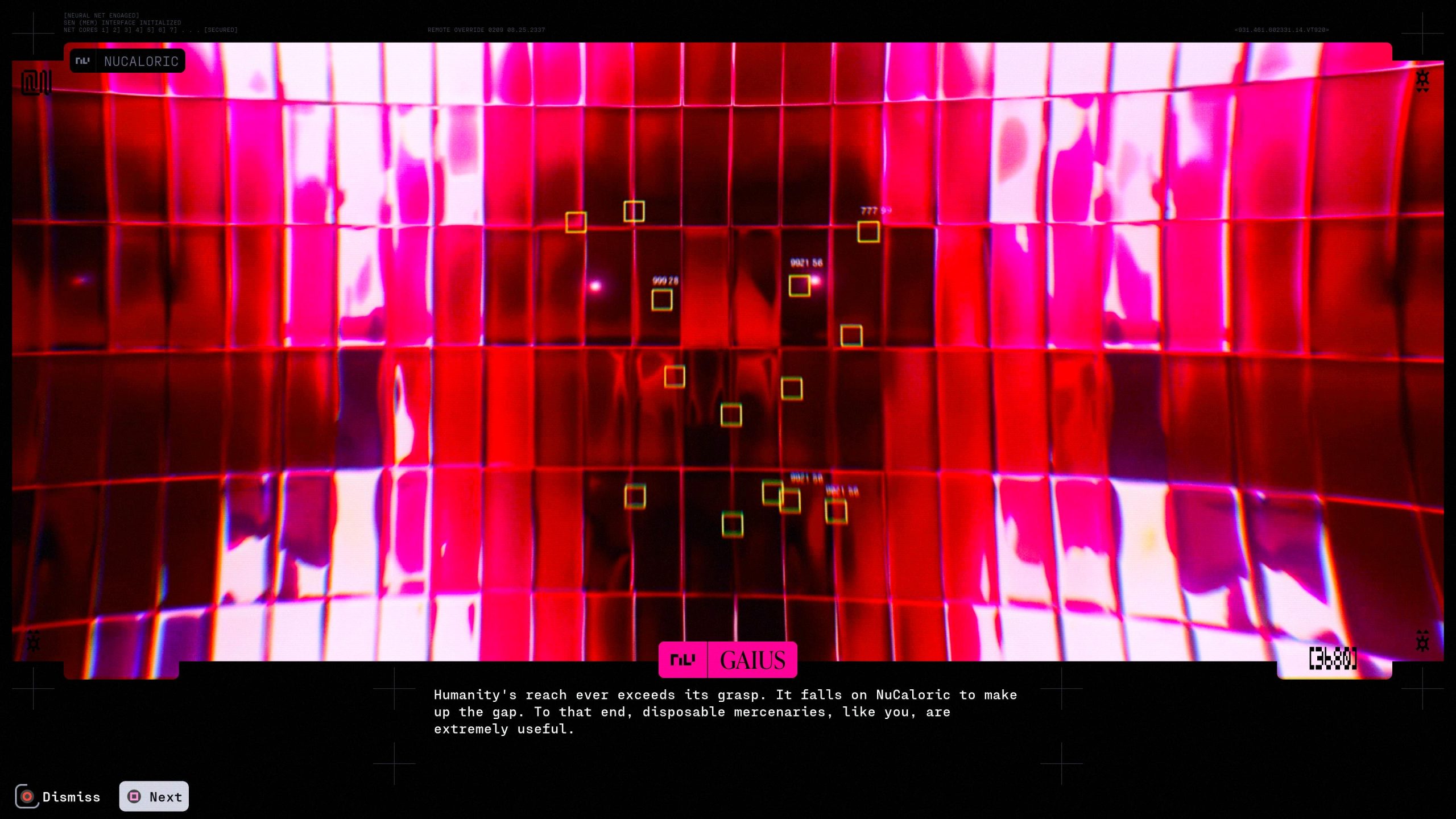 A futuristic interface with a grid pattern displays the text 'Nucaloric' and 'GAIUS' alongside various highlighted coordinates and a message about human reach and mercenaries.