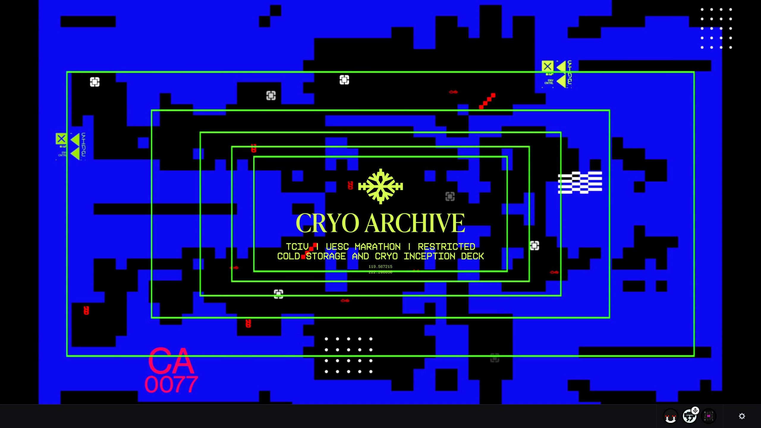 A retro-style game screen displays the words 'CRYO ARCHIVE' and 'UESC Marathon | Restricted Cold Storage and Cryo Inception Deck' against a blue and black pixelated background.