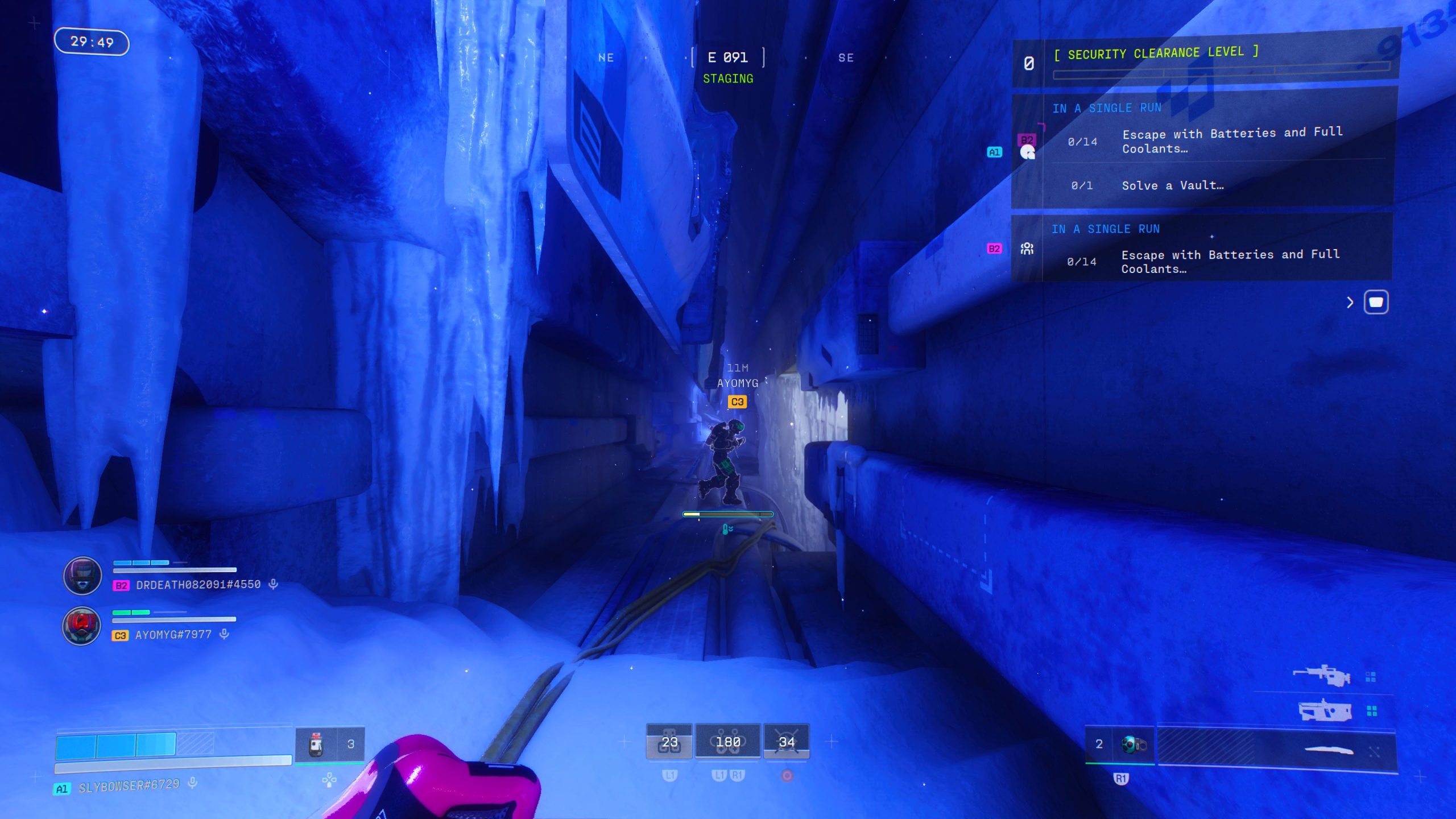 A player navigates an icy corridor in Hyenas, with objectives displayed as 'Escape with Batteries and Full Coolants' and 'Solve a Vault.'