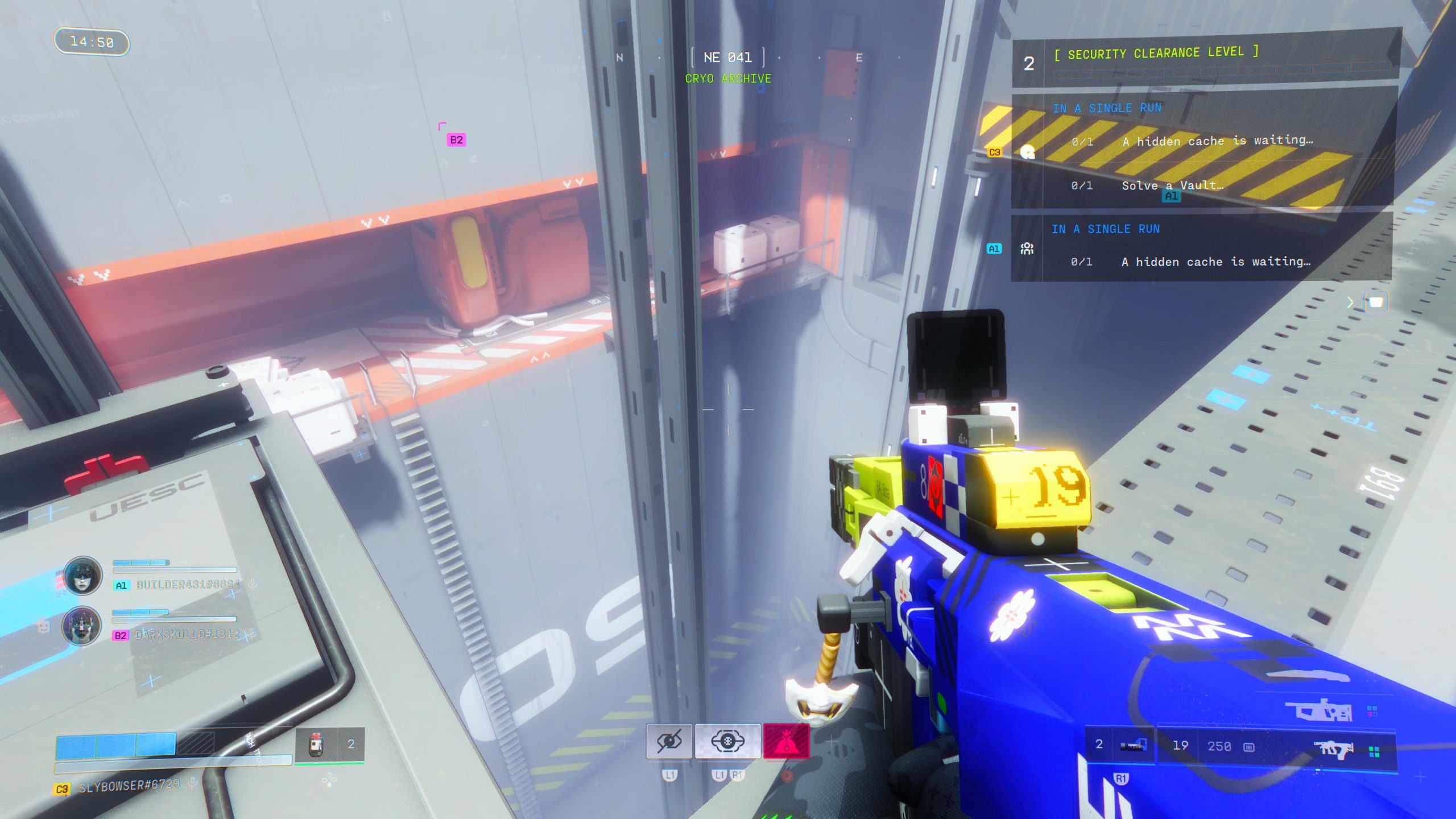 A first-person view in a video game shows a character holding a colorful weapon with '+19' displayed, in the 'CRYO ARCHIVE' level, with tasks reading 'A hidden cache is waiting...' and multiple gamer IDs like 'BUILDER43436984' visible on the screen.