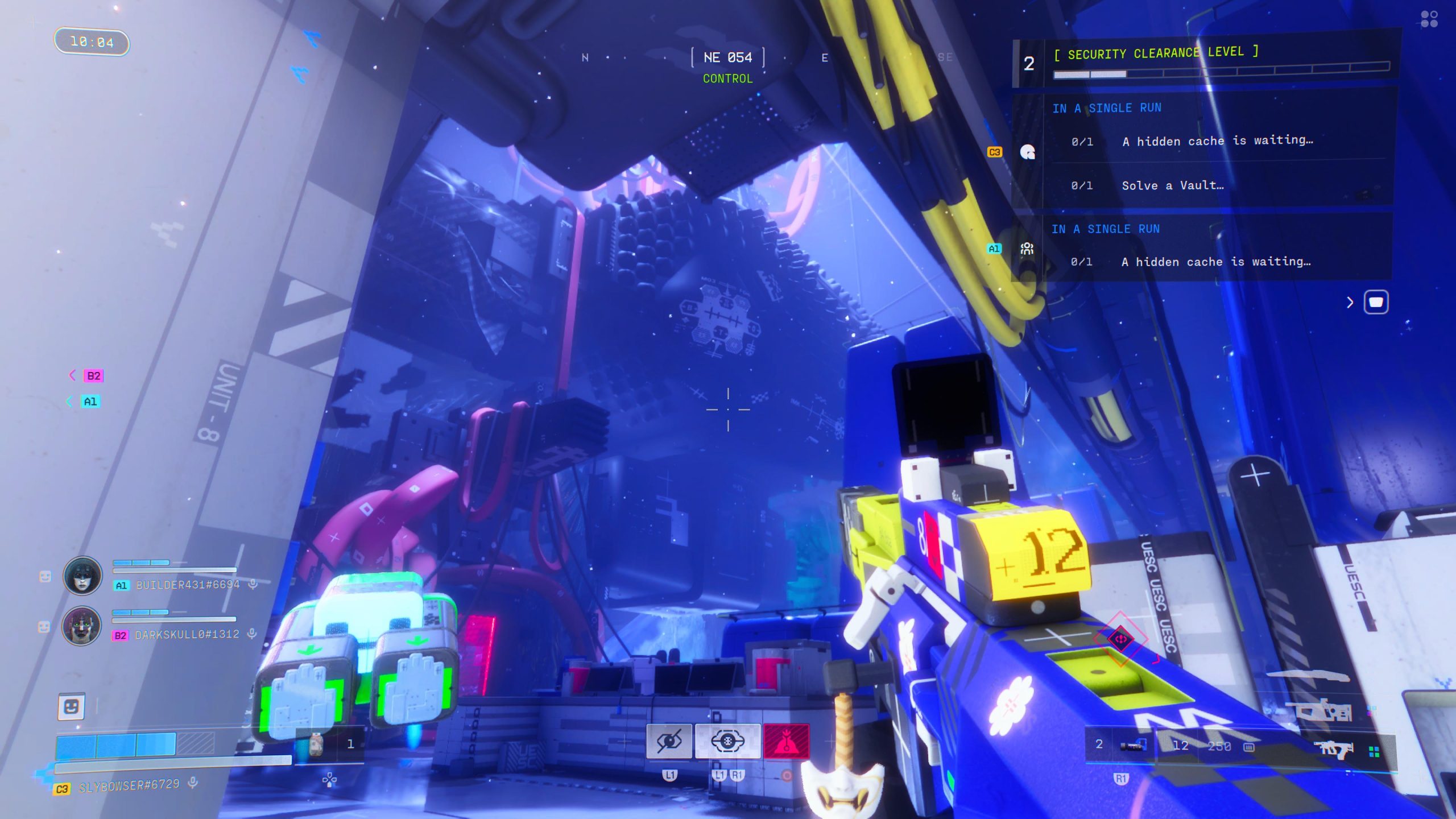 In the game 'Hyenas,' a player navigates a high-tech environment with a weapon displaying '+12', while a mission objective reads 'IN A SINGLE RUN A hidden cache is waiting...'