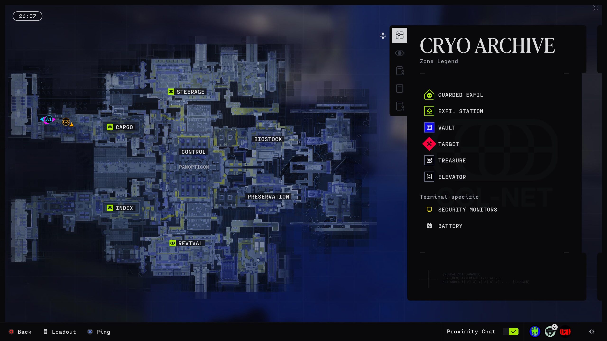 A detailed game map labeled 'CRYO ARCHIVE' shows zones such as Cargo, Control, and Index, with a legend indicating features like 'GUARDED EXFIL' and 'TARGET'.