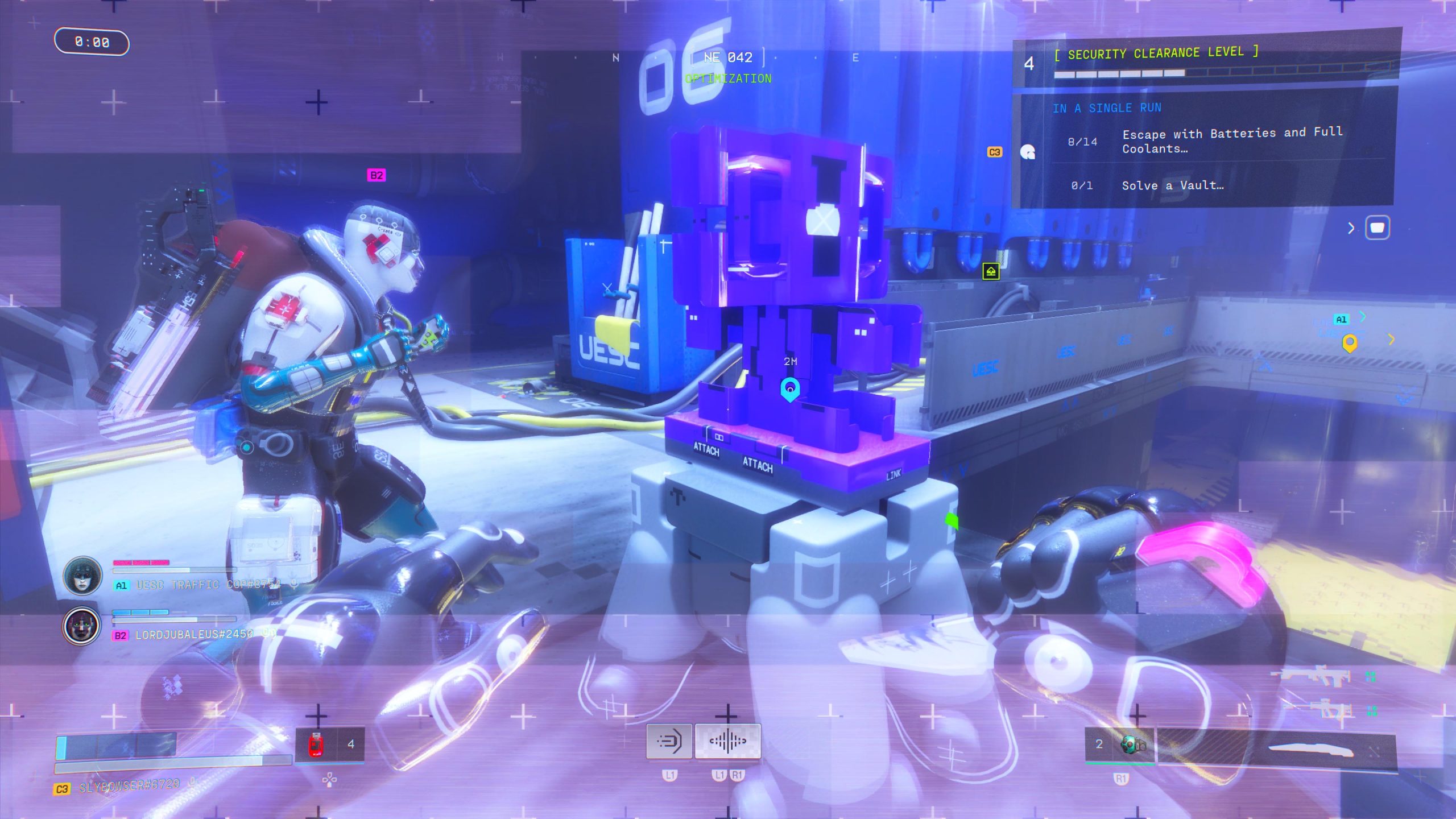 A character in the game “Hyenas” interacts with a futuristic environment, displaying objectives 'Escape with Batteries and Full Coolants' and 'Solve a Vault' on-screen, with a nearby box labeled 'UE5C' and the player's name 'LORDDUBAEUS#2459'.