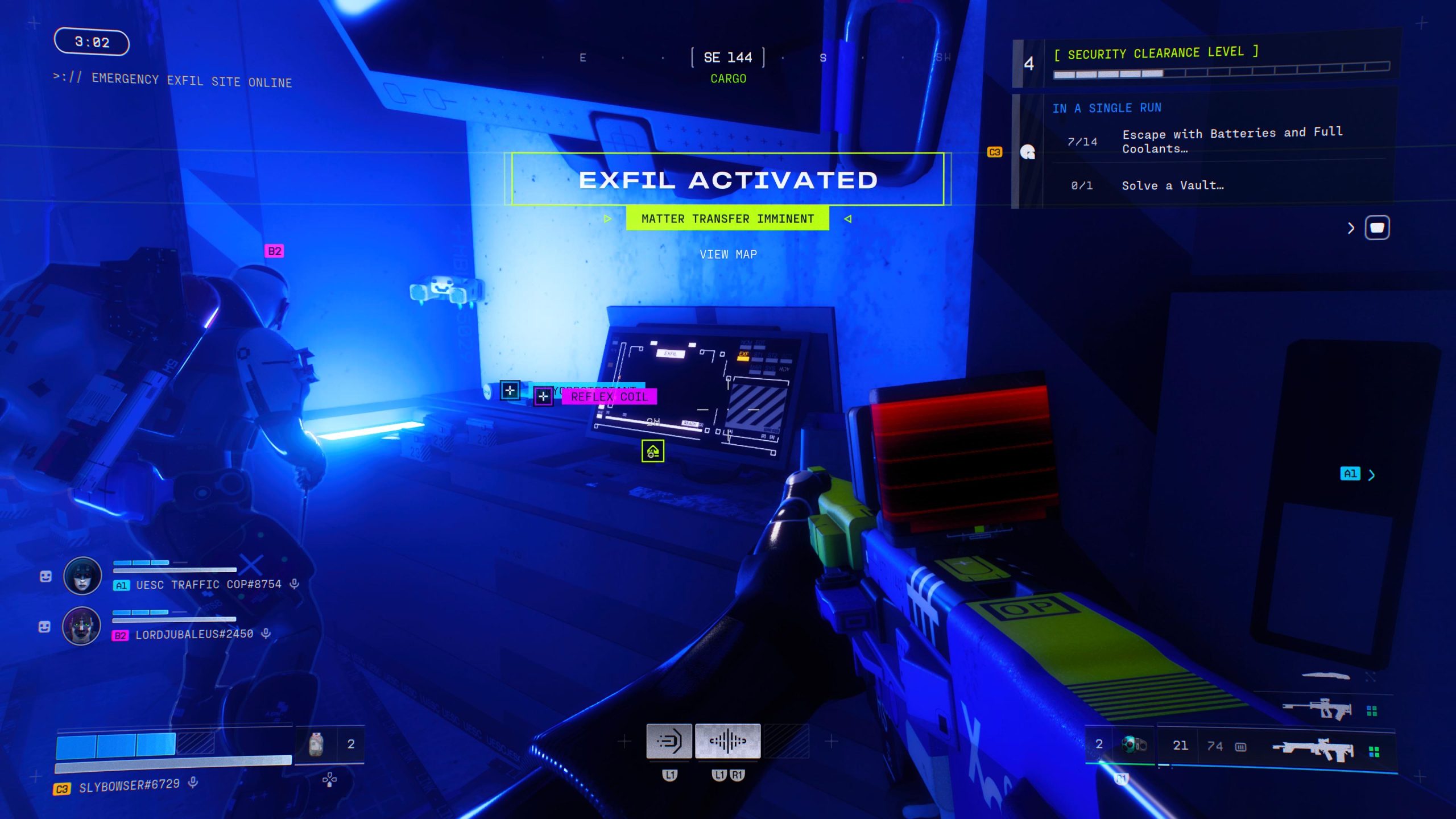 A first-person shooter game screen shows a mission scene with the text 'Exfil Activated' and objectives like 'Escape with Batteries and Full Coolants' displayed.