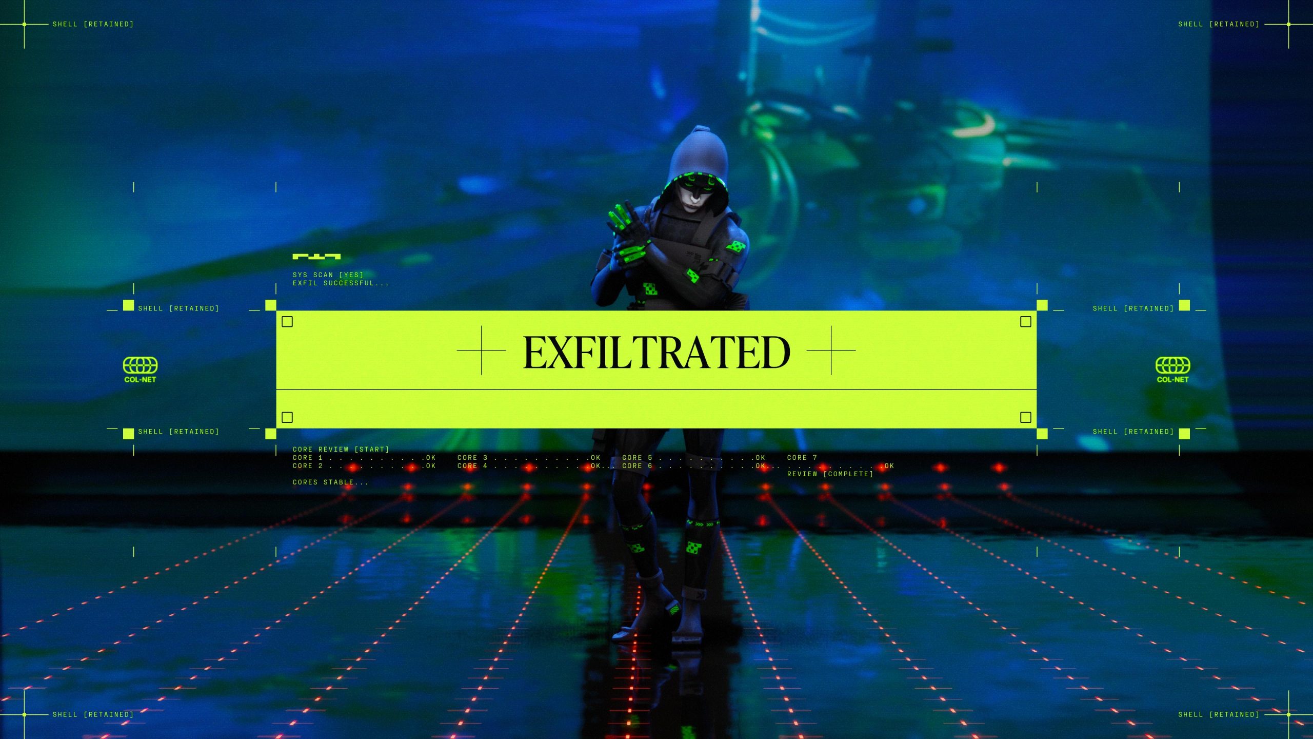 A character from 'Marathon' stands in a digital interface with the text 'EXFILTRATED' prominently displayed.