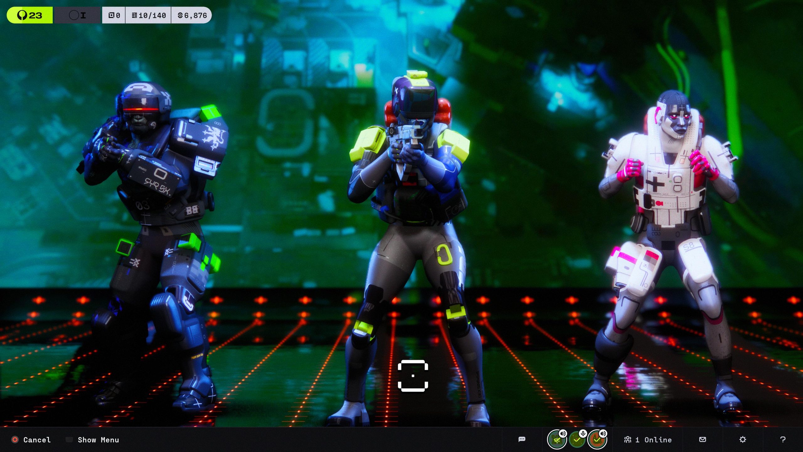 Three futuristic characters are posed in a lineup within a neon-lit virtual environment, with an in-game interface showing '23' in the upper left corner and gaming icons along the bottom.