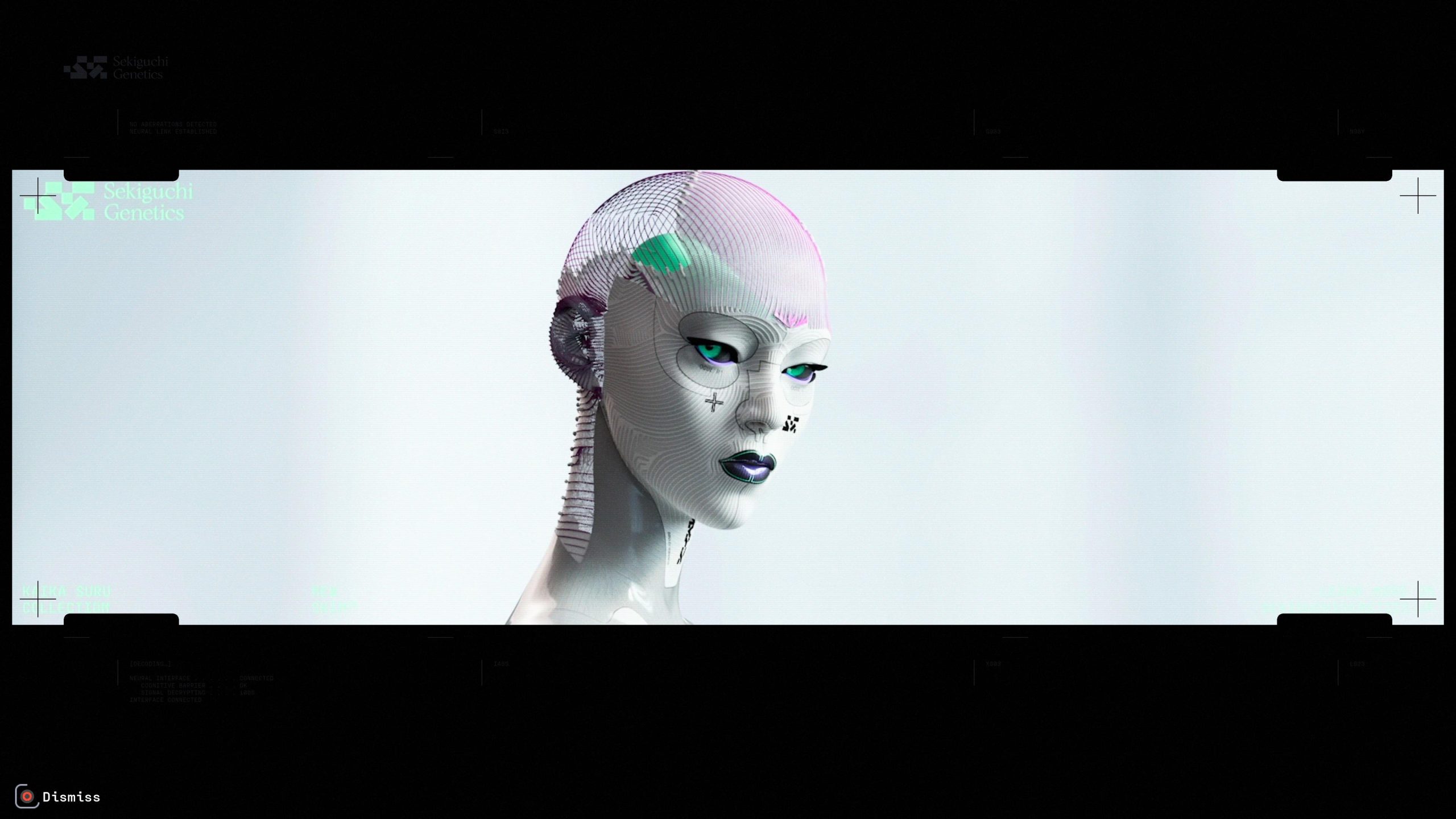 A futuristic humanoid robot with intricate facial features and bright green eyes is displayed with the text 'Sekiguchi Genetics' in the corner.