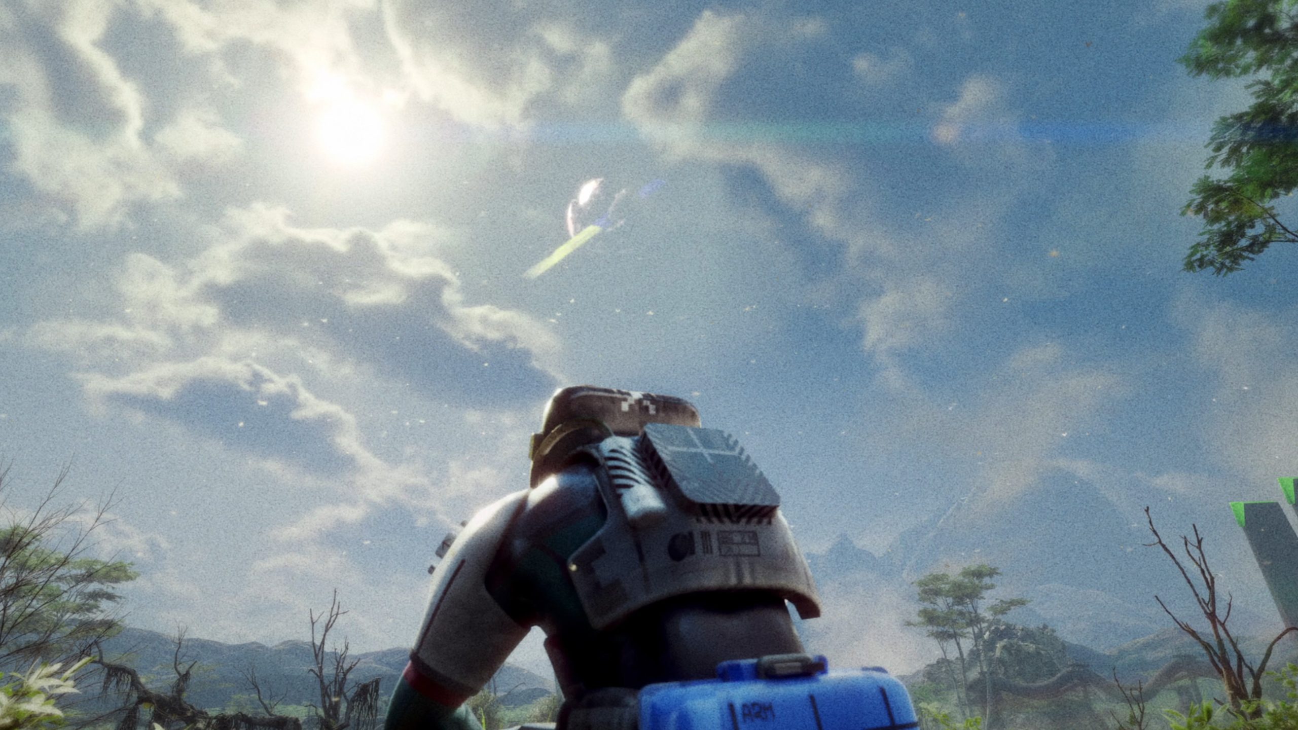 A character in a spacesuit from the game Marathon looks at the sky with a distant spacecraft visible against a sunny backdrop.