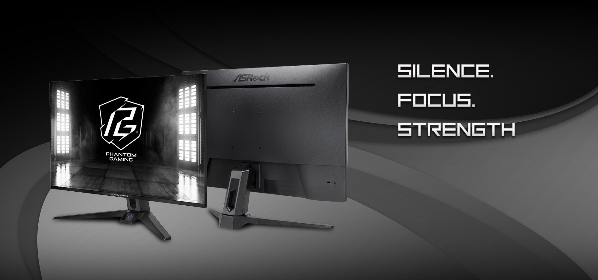 Οθόνη ASRock Phantom Gaming με το λογότυπο «Phantom Gaming» και τις λέξεις «Silence». Εστία. Δύναμη.' επιπλέον.