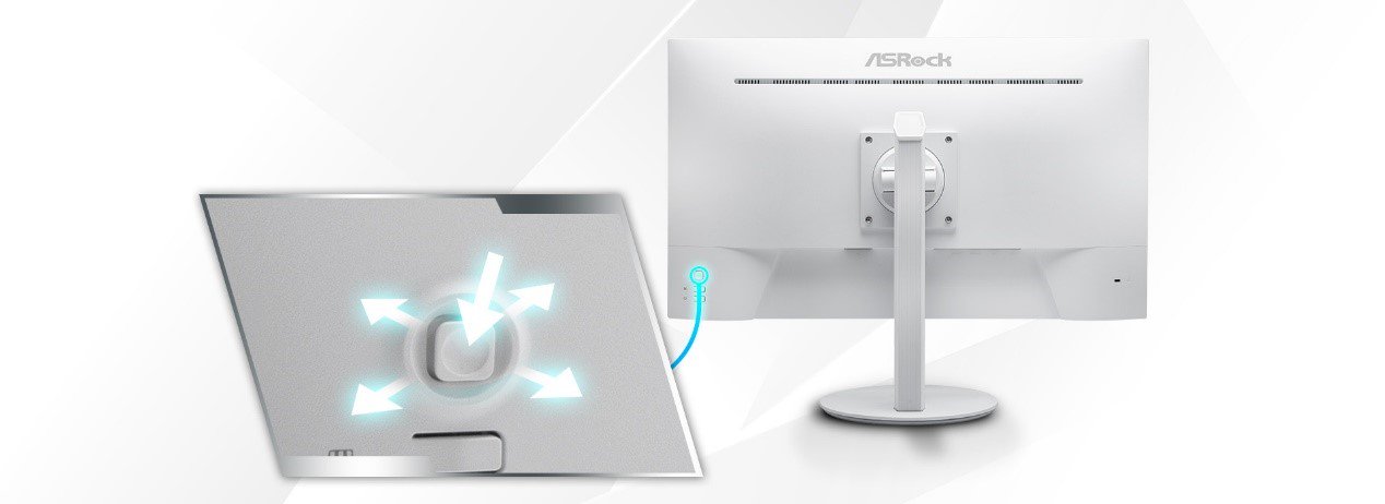 Η εικόνα δείχνει το πίσω μέρος μιας οθόνης ASRock, τονίζοντας τη ρυθμιζόμενη βάση της με βέλη που υποδεικνύουν τις κατευθύνσεις κίνησης.