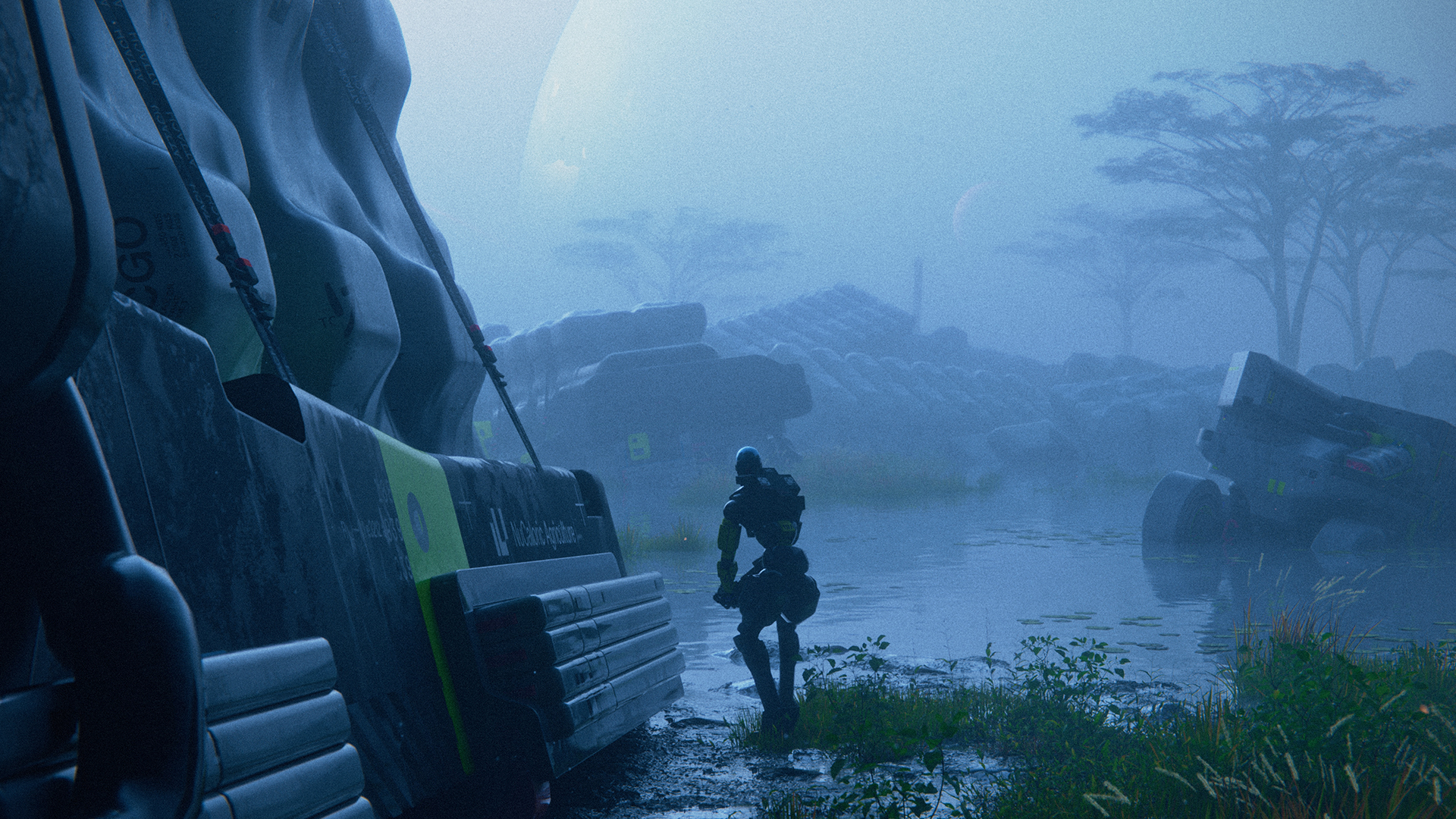 A robotic character walks through a foggy, futuristic landscape with large industrial machinery and distant trees.