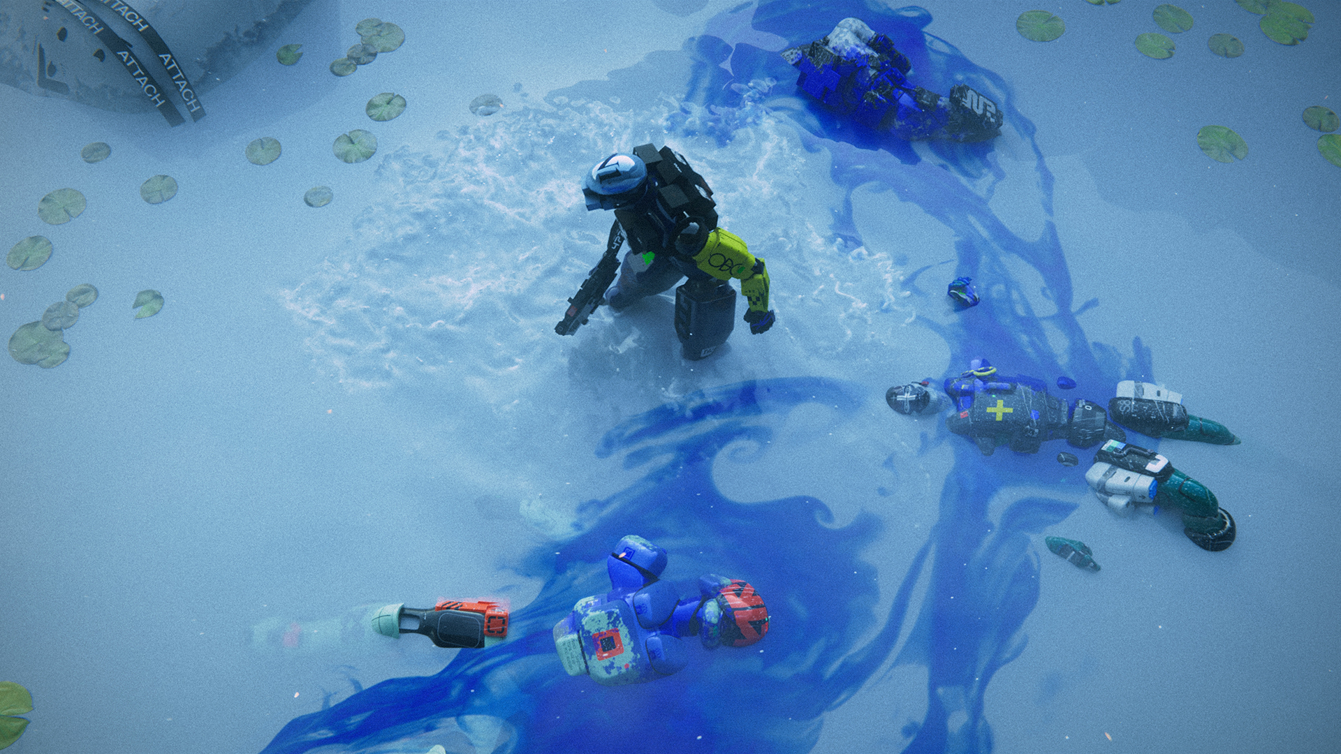 A character in 'Marathon' wades through water surrounded by robot debris with blue fluid streaming through it.