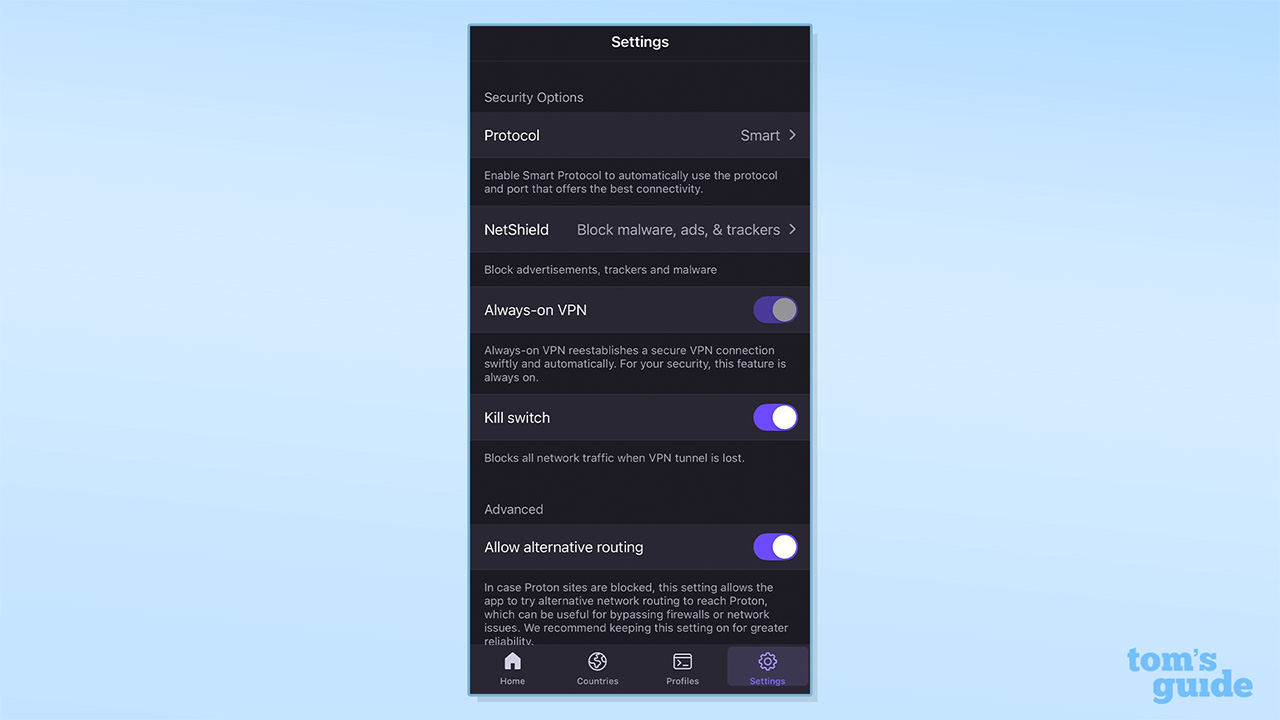 Εμφανίζονται οι ρυθμίσεις του Proton VPN "Πάντα ενεργό VPN."
