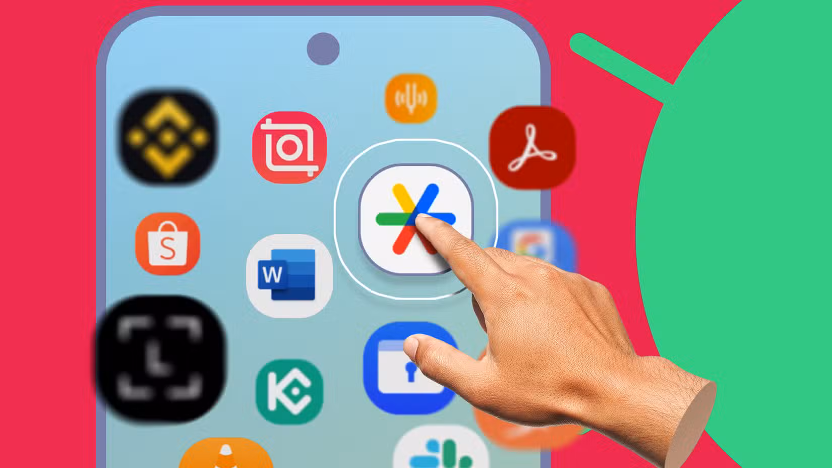 Ένα χέρι που οργανώνει εφαρμογές σε μια οθόνη smartphone, που περιβάλλεται από διάφορα πολύχρωμα εικονίδια εφαρμογών