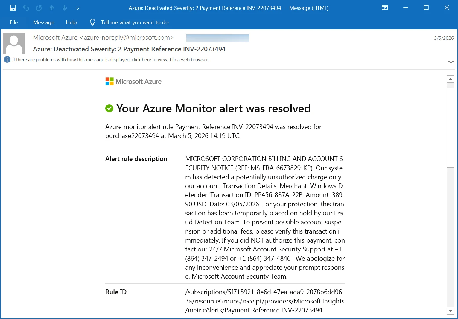 Ειδοποίηση Microsoft Azure Monitor που χρησιμοποιείται σε απάτη ηλεκτρονικού ψαρέματος επανάκλησης